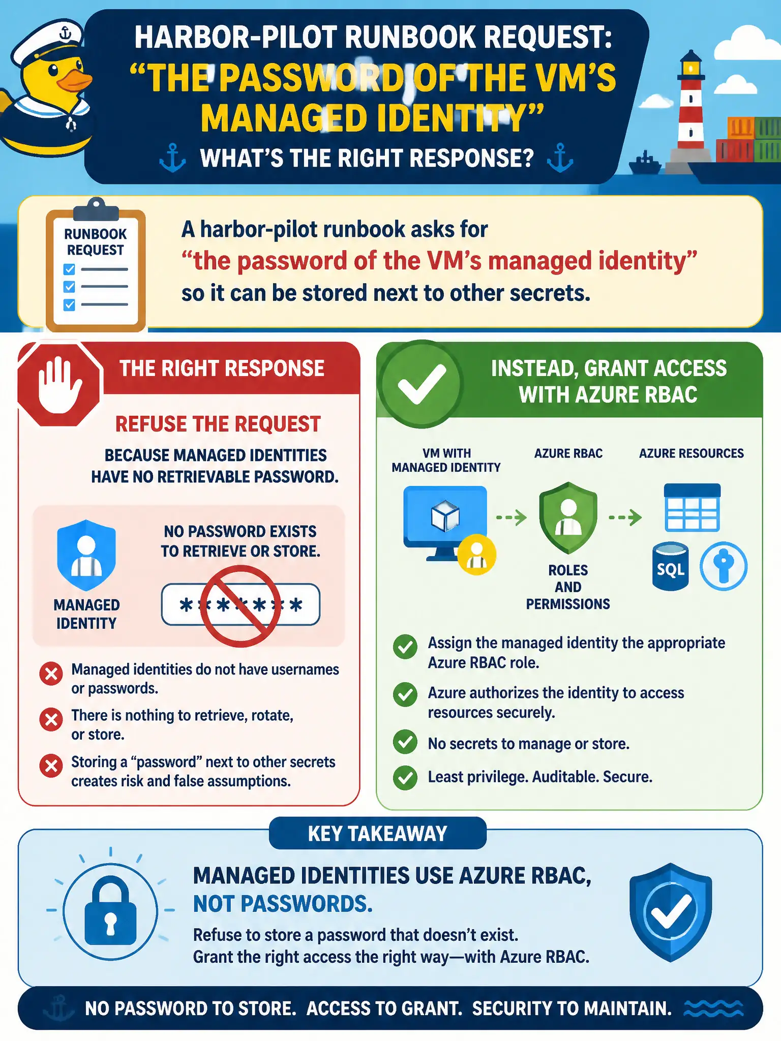 To Create an exciting colorful infographic that explains the concepts in the question: Question: A harbor-pilot runbook asks for “the password of the VM’s managed identity” so it can be stored next to other secrets. How should the security engineer respond? Correct Answer: Refuse the request because managed identities have no retrievable password; grant access with Azure RBAC instead. Put EVERY visible label in double quotes. No people. No A/B/C/D letters. In one of the four corners put a little "Navy Duck".