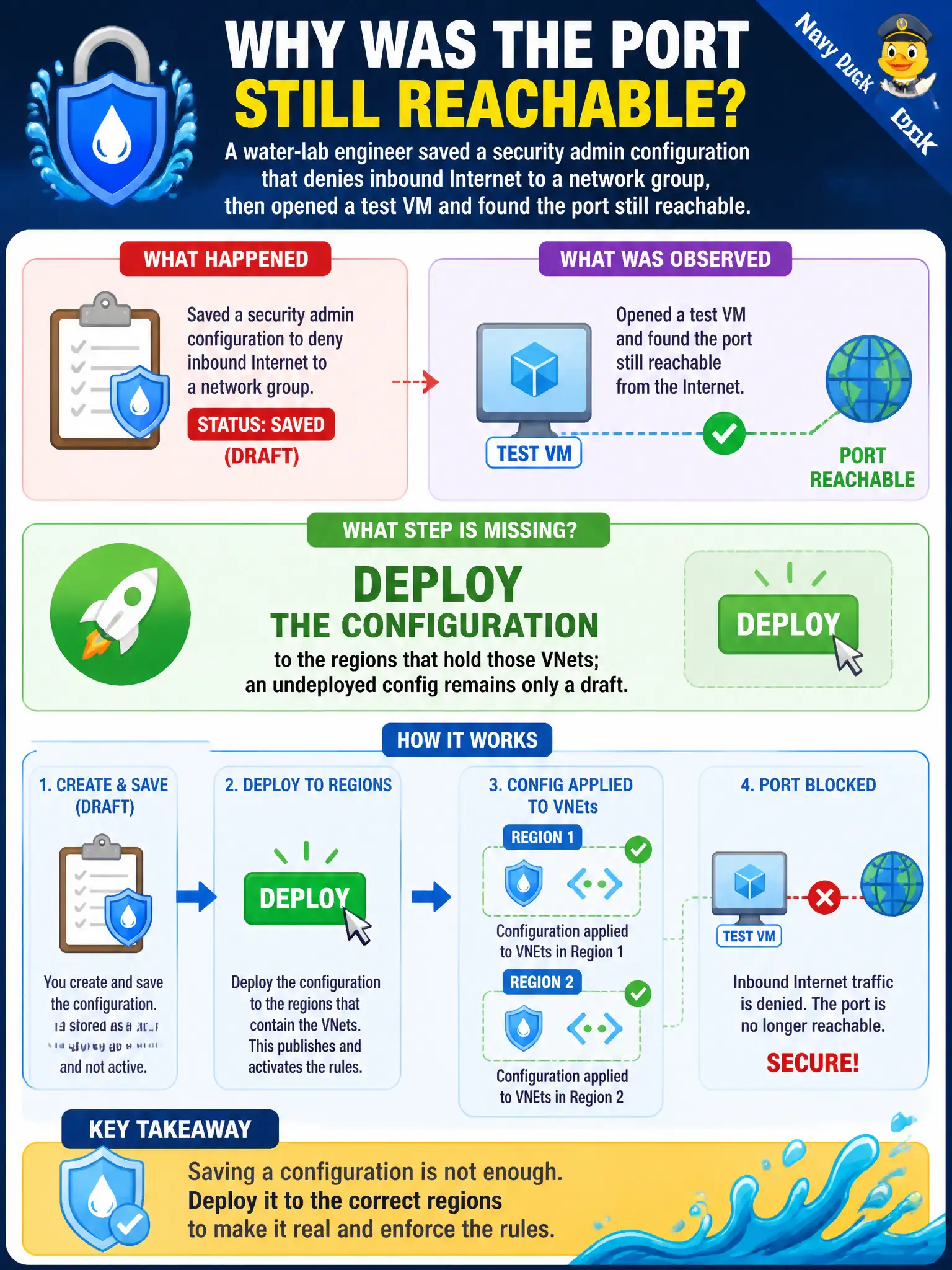 To Create an exciting colorful infographic that explains the concepts in the question: Question: A water-lab engineer saved a security admin configuration that denies inbound Internet to a network group, then opened a test VM and found the port still reachable. What step is missing? Correct Answer: Deploy the configuration to the regions that hold those VNets; an undeployed config remains only a draft. Put EVERY visible label in double quotes. No people. No A/B/C/D letters. In one of the four corners put a little "Navy Duck".
