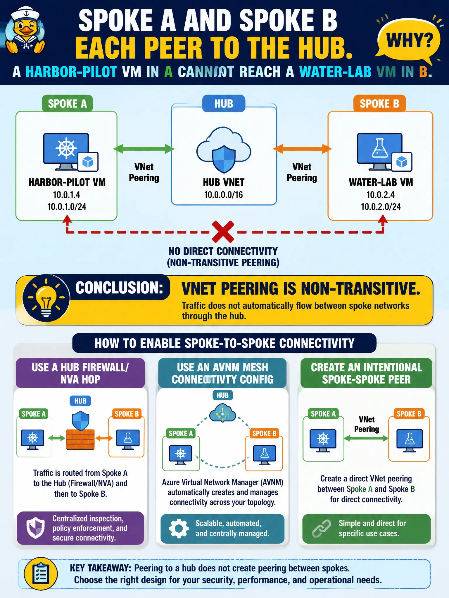 To Create an exciting colorful infographic that explains the concepts in the question: Question: Spoke A and spoke B each peer to the hub. A harbor-pilot VM in A cannot reach a water-lab VM in B. What should the security engineer conclude? Correct Answer: VNet peering is non-transitive; use a hub firewall/NVA hop, an AVNM mesh connectivity config, or an intentional spoke-spoke peer. Put EVERY visible label in double quotes. No people. No A/B/C/D letters. In one of the four corners put a little "Navy Duck".