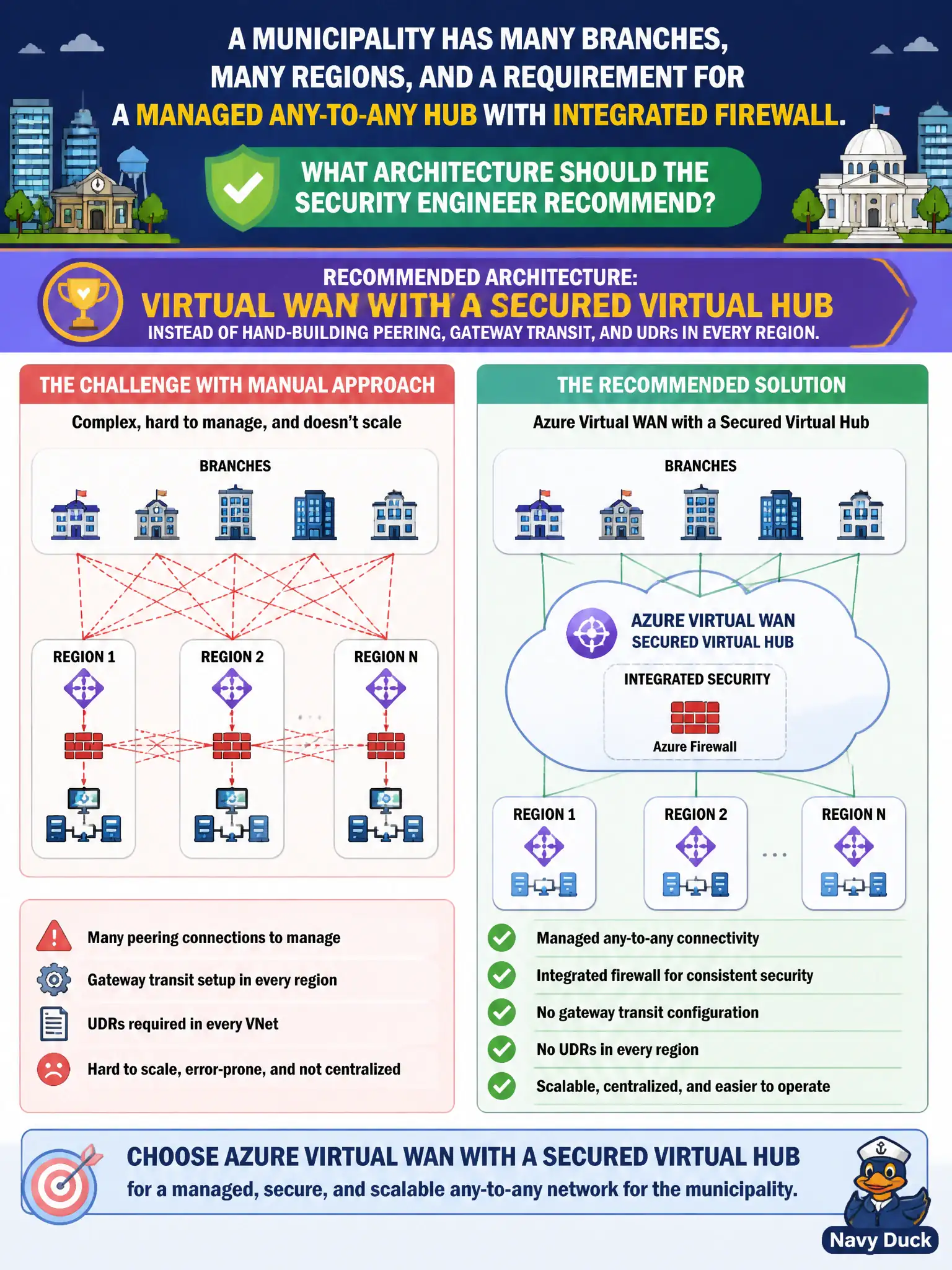 To Create an exciting colorful infographic that explains the concepts in the question: Question: A municipality has many branches, many regions, and a requirement for a managed any-to-any hub with integrated firewall. What architecture should the security engineer recommend? Correct Answer: Virtual WAN with a secured virtual hub instead of hand-building peering, gateway transit, and UDRs in every region. Put EVERY visible label in double quotes. No people. No A/B/C/D letters. In one of the four corners put a little "Navy Duck".