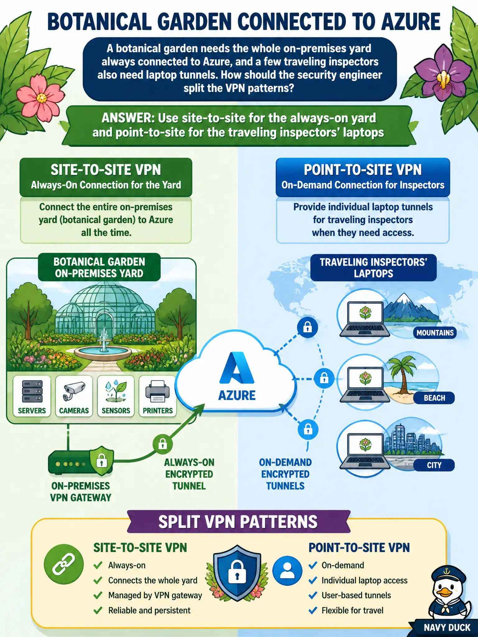 To Create an exciting colorful infographic that explains the concepts in the question: Question: A botanical garden needs the whole on-premises yard always connected to Azure, and a few traveling inspectors also need laptop tunnels. How should the security engineer split the VPN patterns? Correct Answer: Use site-to-site for the always-on yard and point-to-site for the traveling inspectors’ laptops Put EVERY visible label in double quotes. No people. No A/B/C/D letters. In one of the four corners put a little "Navy Duck".