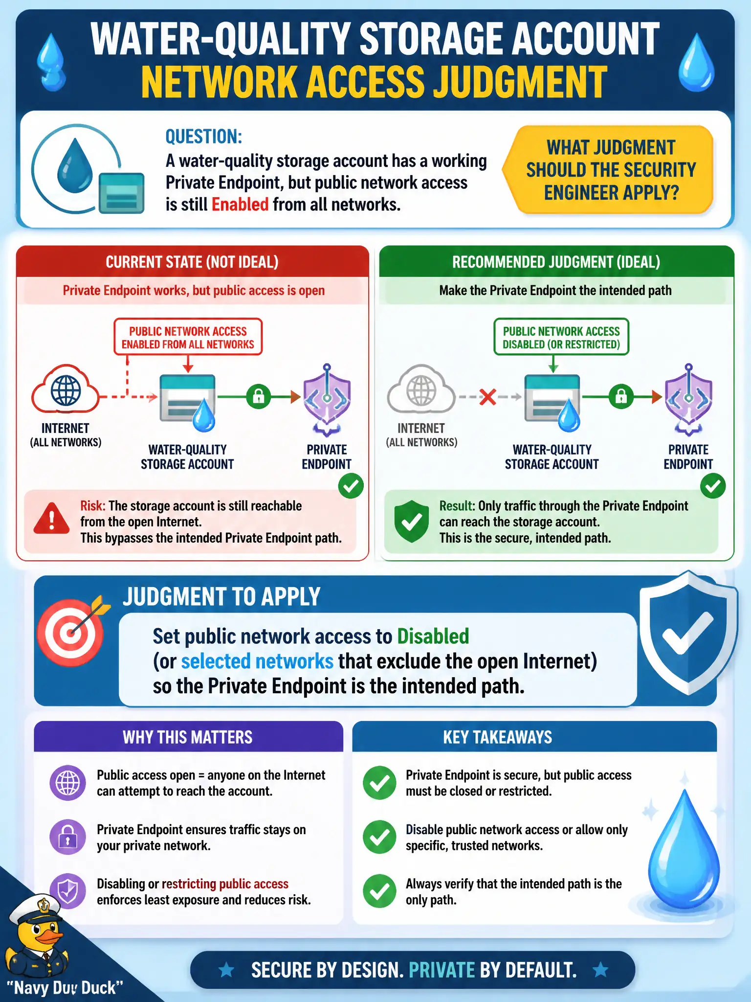 To Create an exciting colorful infographic that explains the concepts in the question: Question: A water-quality storage account has a working Private Endpoint, but public network access is still Enabled from all networks. What judgment should the security engineer apply? Correct Answer: Set public network access to Disabled (or selected networks that exclude the open Internet) so the Private Endpoint is the intended path Put EVERY visible label in double quotes. No people. No A/B/C/D letters. In one of the four corners put a little "Navy Duck".