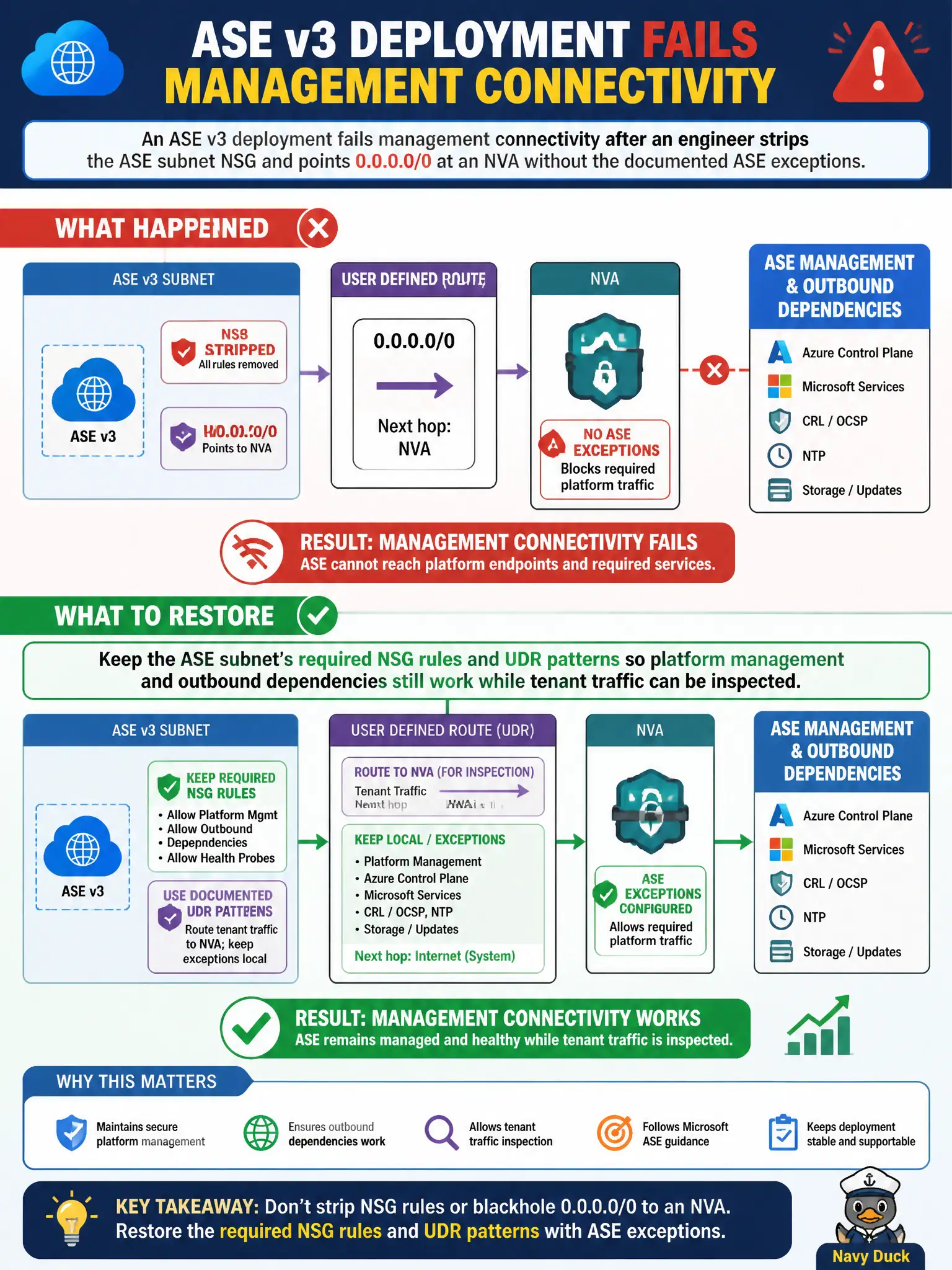 To Create an exciting colorful infographic that explains the concepts in the question: Question: An ASE v3 deployment fails management connectivity after an engineer strips the ASE subnet NSG and points 0.0.0.0/0 at an NVA without the documented ASE exceptions. What should the security engineer restore? Correct Answer: Keep the ASE subnet’s required NSG rules and UDR patterns so platform management and outbound dependencies still work while tenant traffic can be inspected. Put EVERY visible label in double quotes. No people. No A/B/C/D letters. In one of the four corners put a little "Navy Duck".