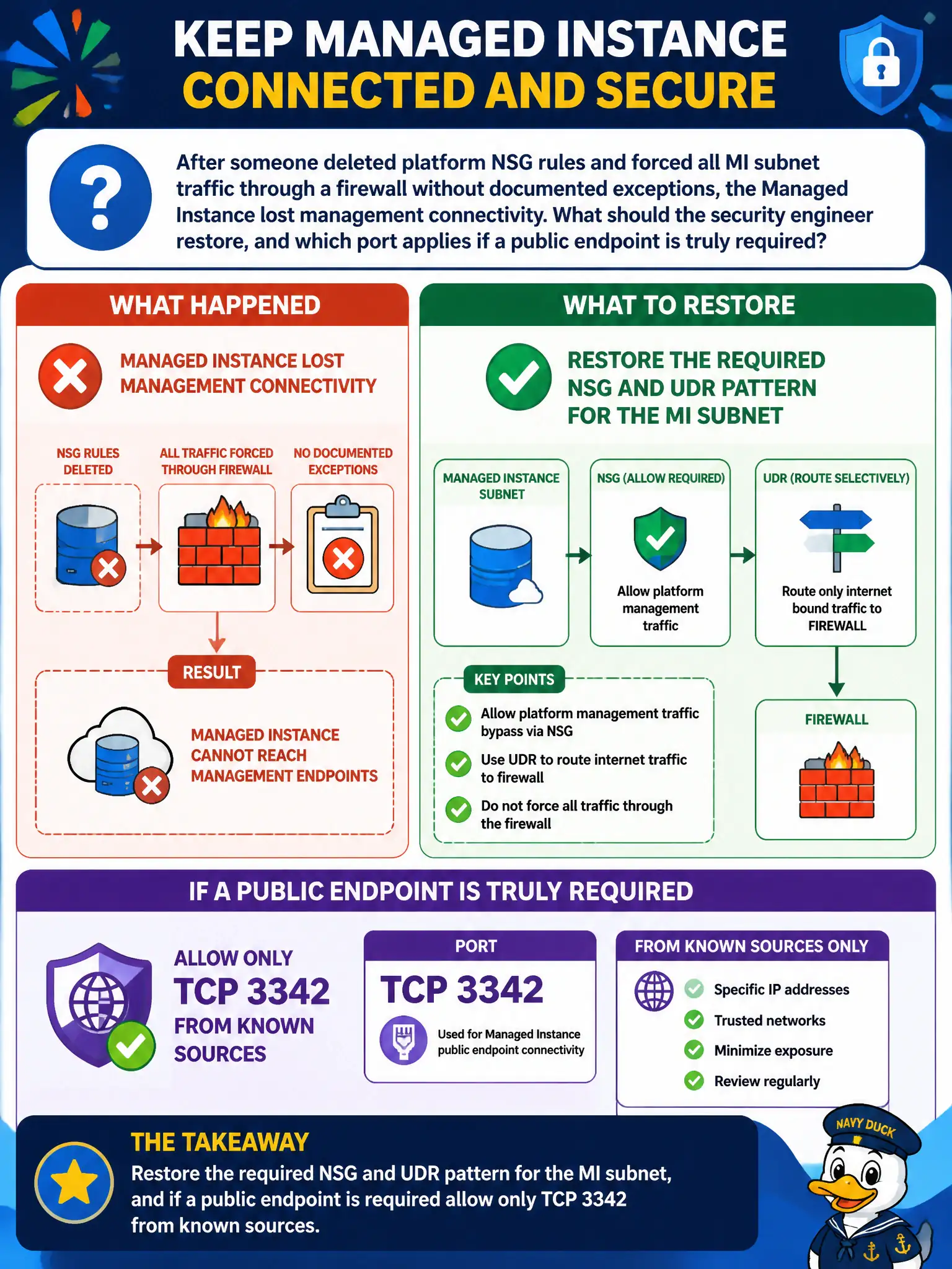 To Create an exciting colorful infographic that explains the concepts in the question: Question: After someone deleted platform NSG rules and forced all MI subnet traffic through a firewall without documented exceptions, the Managed Instance lost management connectivity. What should the security engineer restore, and which port applies if a public endpoint is truly required? Correct Answer: Restore the required NSG and UDR pattern for the MI subnet, and if a public endpoint is required allow only TCP 3342 from known sources. Put EVERY visible label in double quotes. No people. No A/B/C/D letters. In one of the four corners put a little "Navy Duck".
