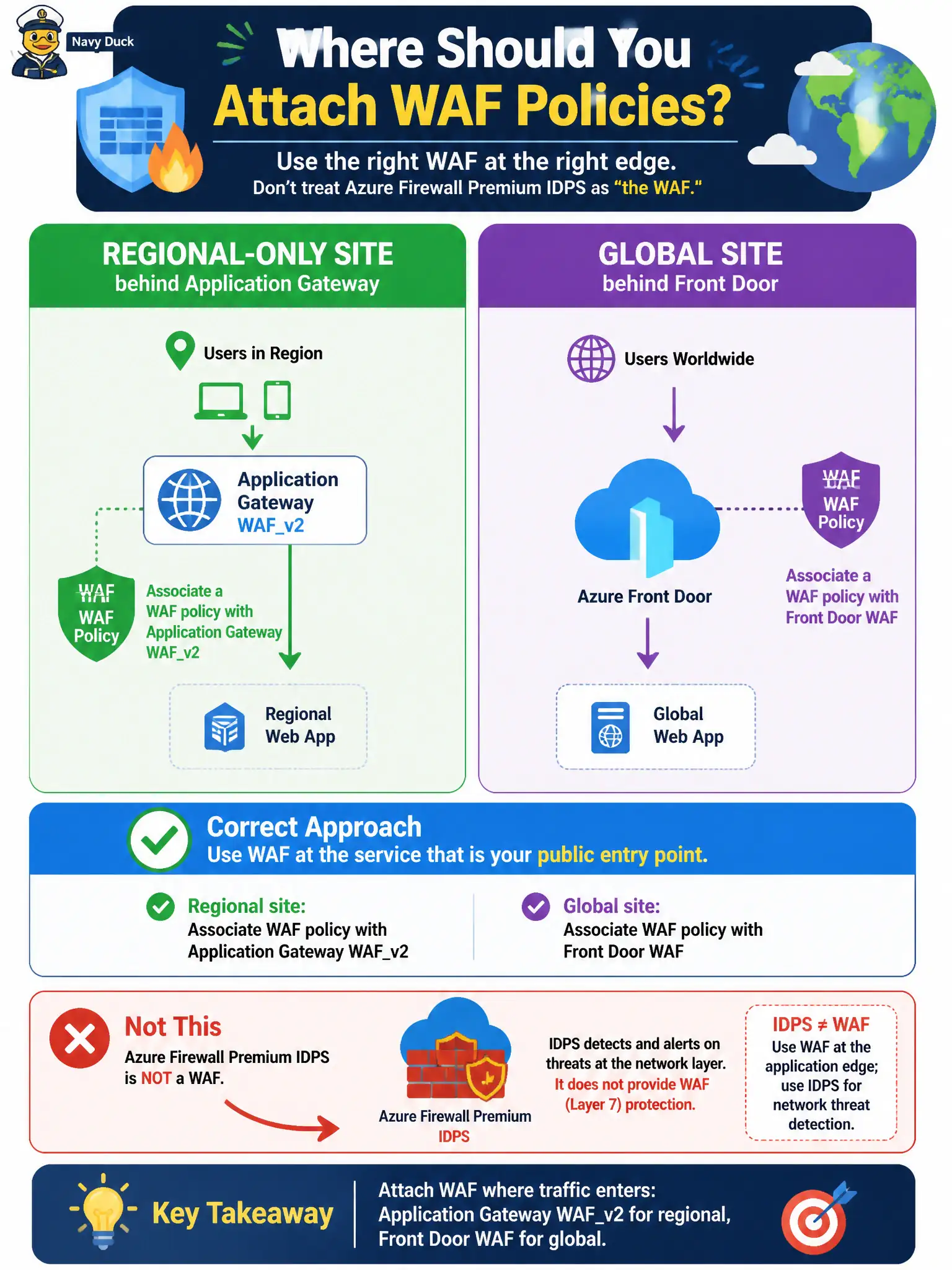 To Create an exciting colorful infographic that explains the concepts in the question: Question: One site is regional-only behind Application Gateway; another is global behind Front Door. Where should the security engineer attach WAF policies? Correct Answer: Associate a WAF policy with Application Gateway WAFv2 for the regional site and with Front Door WAF for the global site, rather than treating Azure Firewall Premium IDPS as “the WAF.” Put EVERY visible label in double quotes. No people. No A/B/C/D letters. In one of the four corners put a little "Navy Duck".