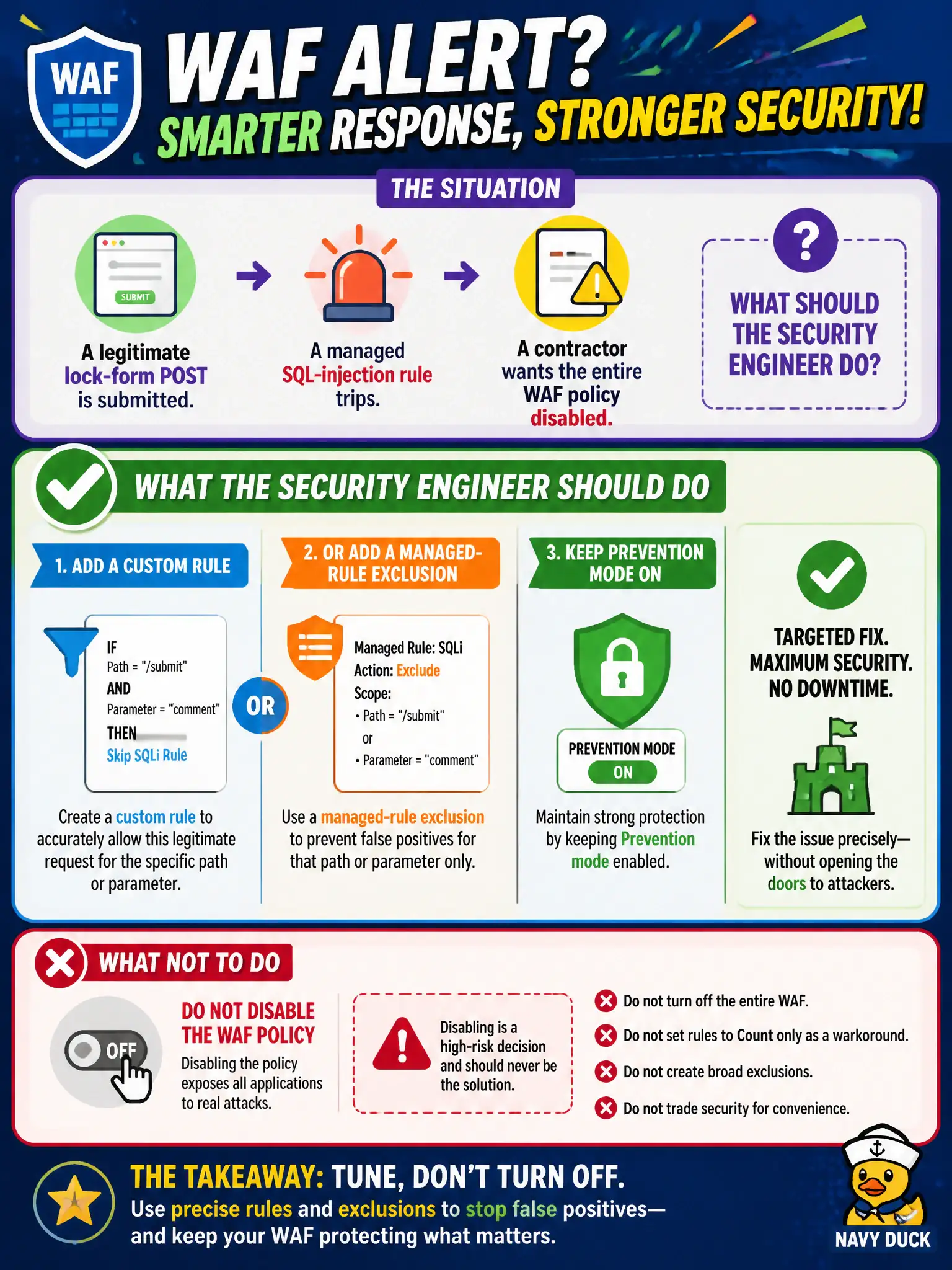 To Create an exciting colorful infographic that explains the concepts in the question: Question: A legitimate lock-form POST trips a managed SQL-injection rule, and a contractor wants the entire WAF policy disabled. What should the security engineer do? Correct Answer: Add a custom rule or a managed-rule exclusion for that path or parameter, keep Prevention mode on, and do not disable the WAF policy. Put EVERY visible label in double quotes. No people. No A/B/C/D letters. In one of the four corners put a little "Navy Duck".