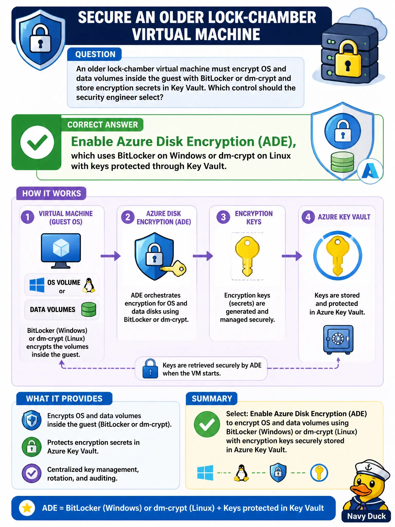 To Create an exciting colorful infographic that explains the concepts in the question: Question: An older lock-chamber virtual machine must encrypt OS and data volumes inside the guest with BitLocker or dm-crypt and store encryption secrets in Key Vault. Which control should the security engineer select? Correct Answer: Enable Azure Disk Encryption (ADE), which uses BitLocker on Windows or dm-crypt on Linux with keys protected through Key Vault. Put EVERY visible label in double quotes. No people. No A/B/C/D letters. In one of the four corners put a little "Navy Duck".
