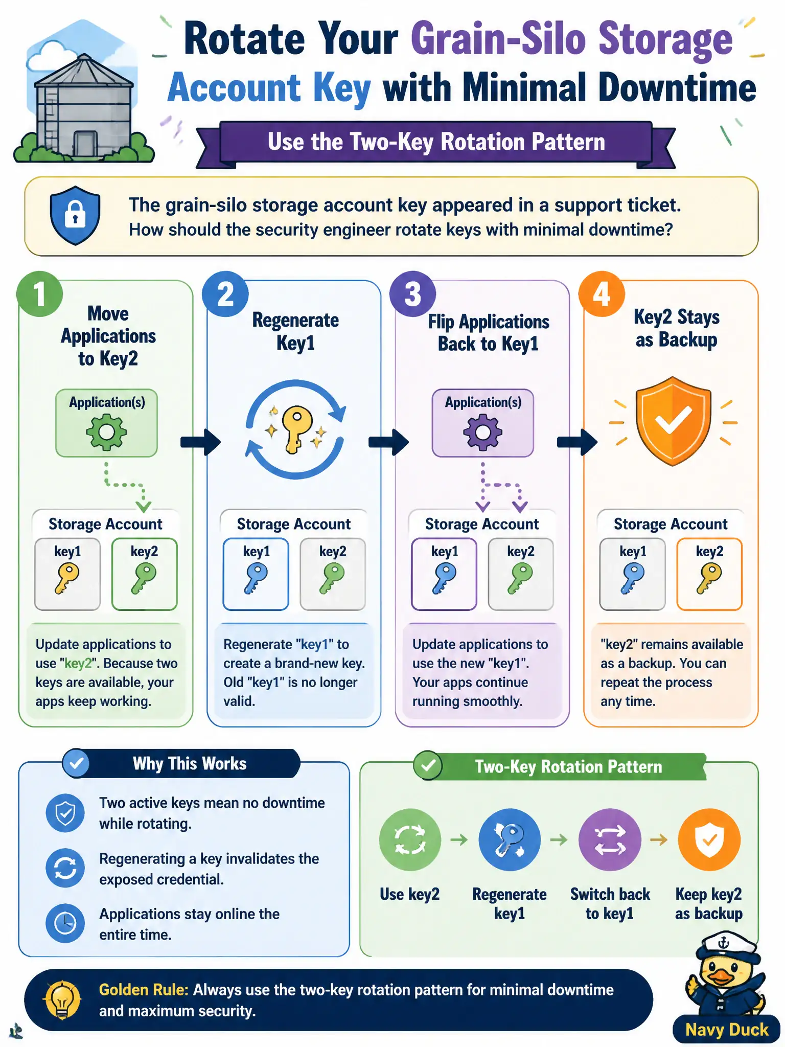 To Create an exciting colorful infographic that explains the concepts in the question: Question: The grain-silo storage account key appeared in a support ticket. How should the security engineer rotate keys with minimal downtime? Correct Answer: Move applications to key2, regenerate key1, then flip applications back—using the two-key rotation pattern. Put EVERY visible label in double quotes. No people. No A/B/C/D letters. In one of the four corners put a little "Navy Duck".