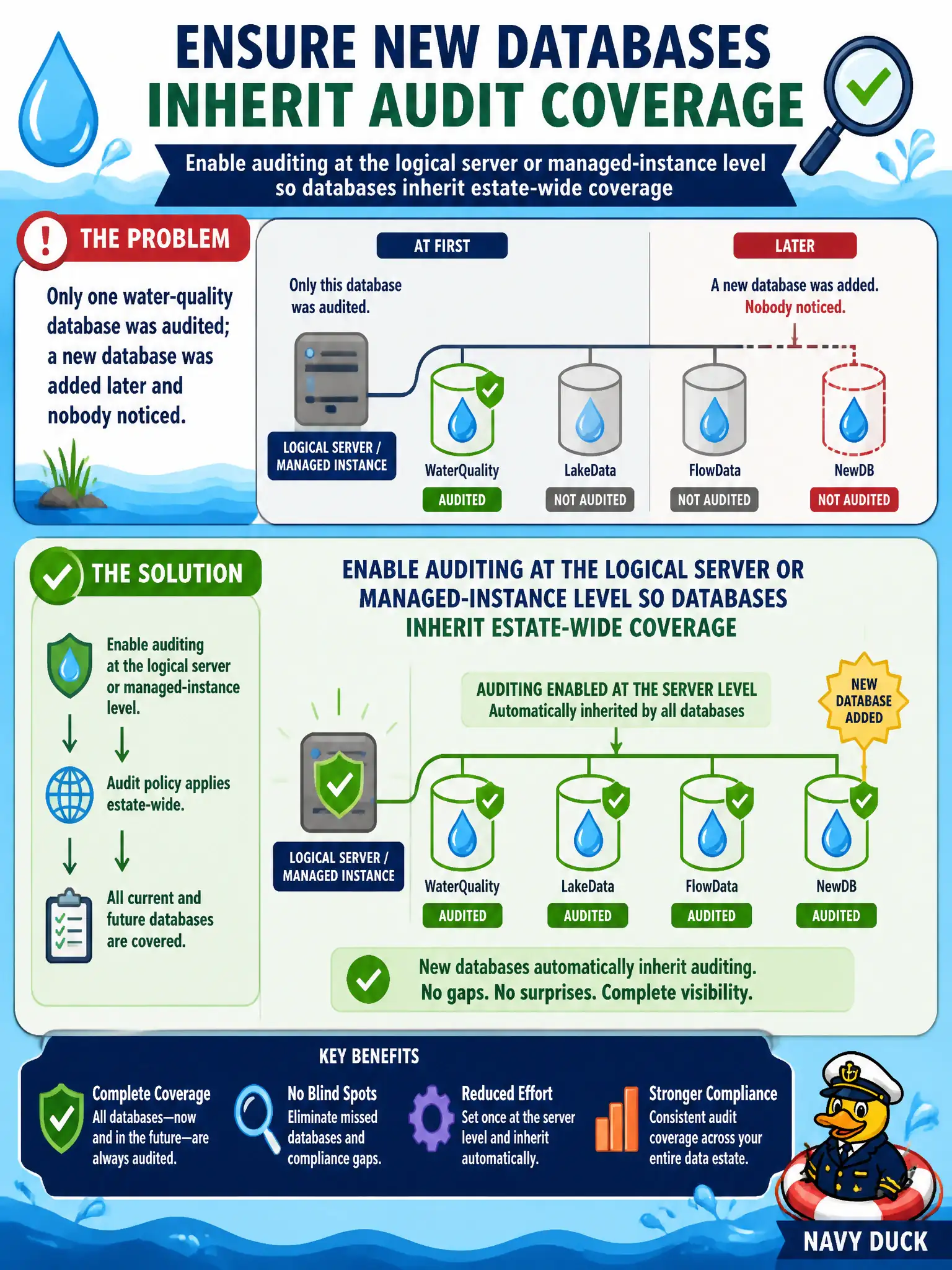 To Create an exciting colorful infographic that explains the concepts in the question: Question: Only one water-quality database was audited; a new database was added later and nobody noticed. How do you ensure new databases inherit audit coverage? Correct Answer: Enable auditing at the logical server or managed-instance level so databases inherit estate-wide coverage Put EVERY visible label in double quotes. No people. No A/B/C/D letters. In one of the four corners put a little "Navy Duck".