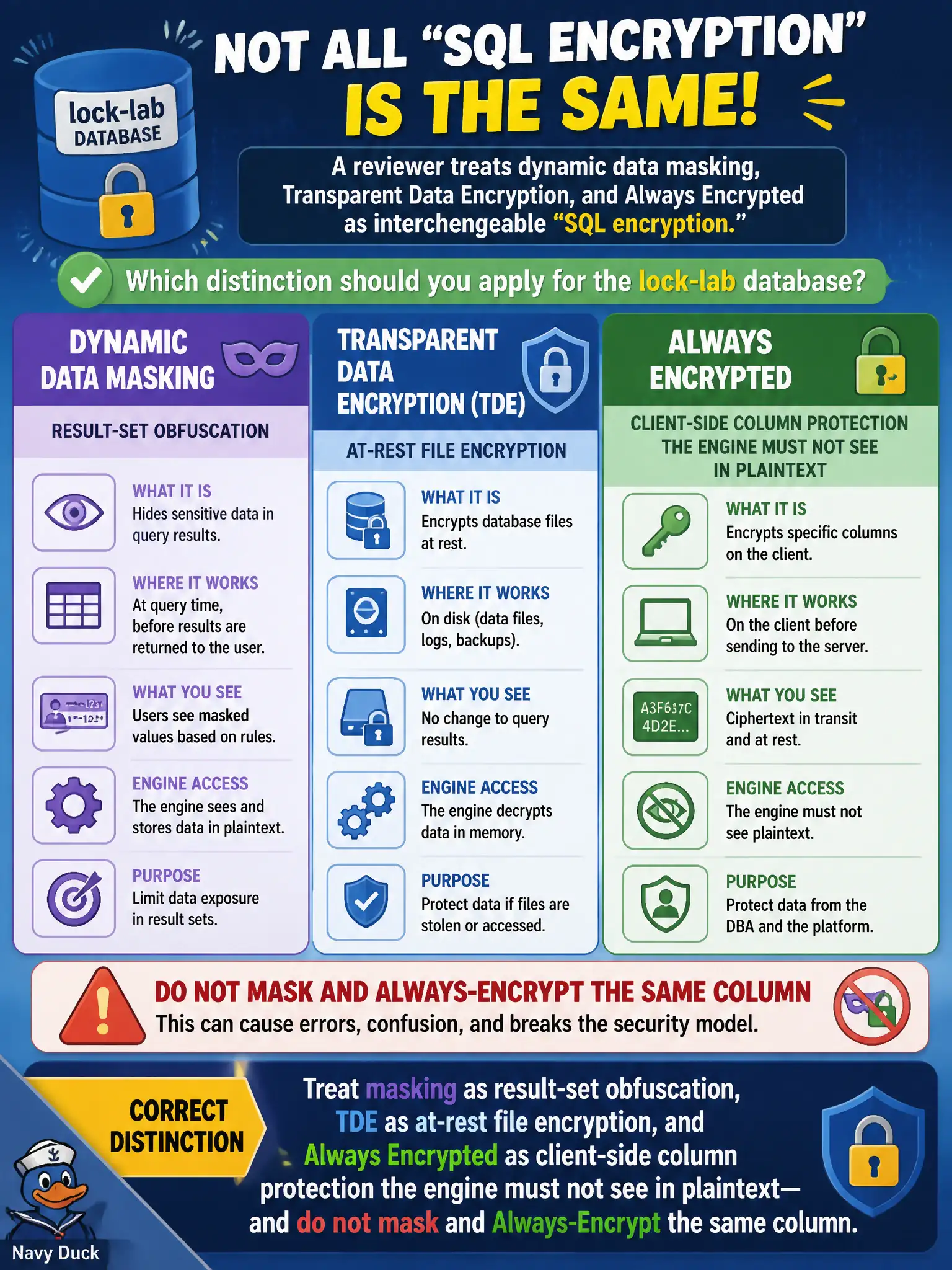 To Create an exciting colorful infographic that explains the concepts in the question: Question: A reviewer treats dynamic data masking, Transparent Data Encryption, and Always Encrypted as interchangeable “SQL encryption.” Which distinction should you apply for the lock-lab database? Correct Answer: Treat masking as result-set obfuscation, TDE as at-rest file encryption, and Always Encrypted as client-side column protection the engine must not see in plaintext—and do not mask and Always-Encrypt the same column Put EVERY visible label in double quotes. No people. No A/B/C/D letters. In one of the four corners put a little "Navy Duck".