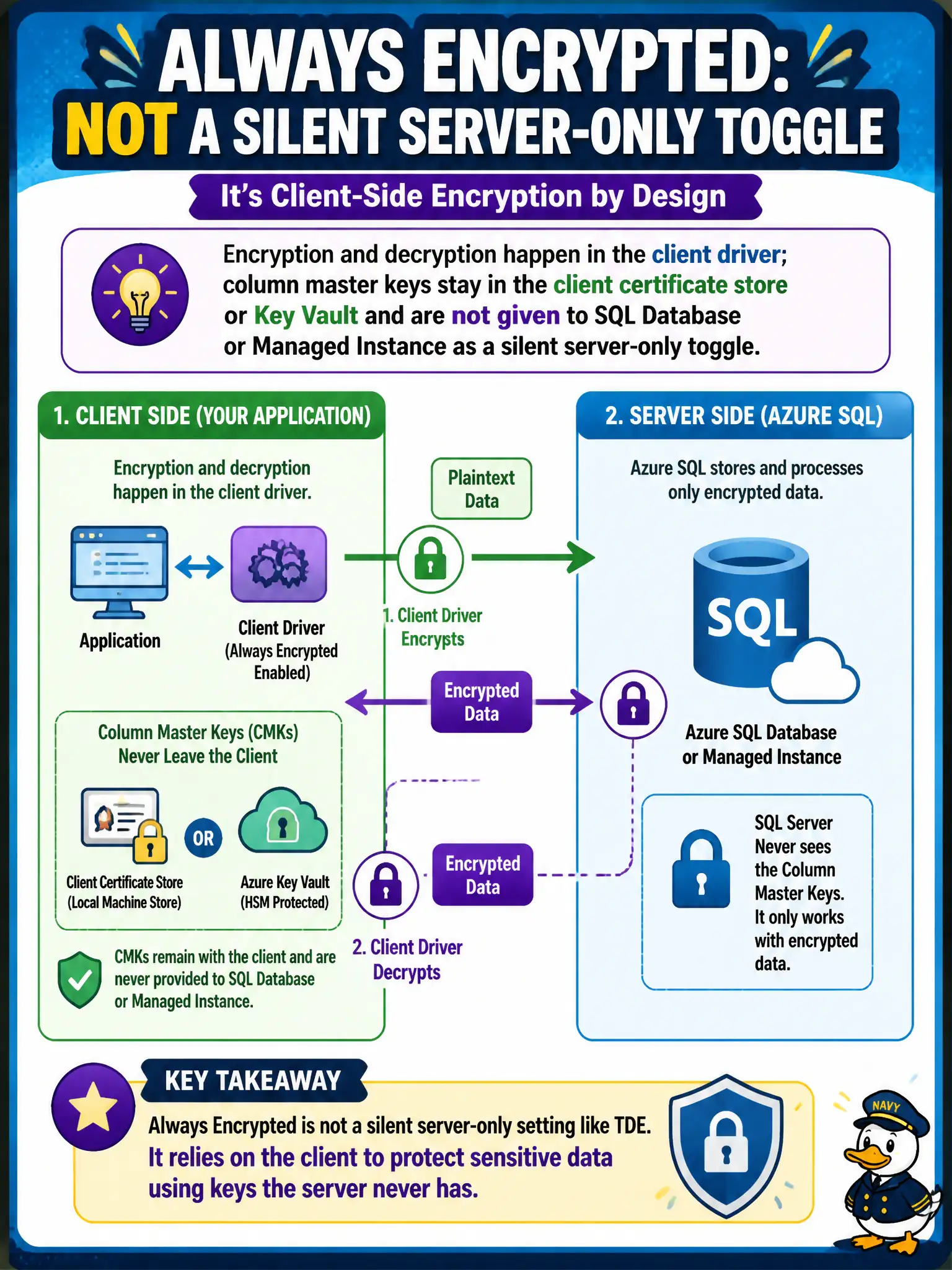 To Create an exciting colorful infographic that explains the concepts in the question: Question: A contractor wants Always Encrypted “turned on at the server” for lock-lab Azure SQL the same way TDE is enabled. What must you explain? Correct Answer: Encryption and decryption happen in the client driver; column master keys stay in the client certificate store or Key Vault and are not given to SQL Database or Managed Instance as a silent server-only toggle Put EVERY visible label in double quotes. No people. No A/B/C/D letters. In one of the four corners put a little "Navy Duck".