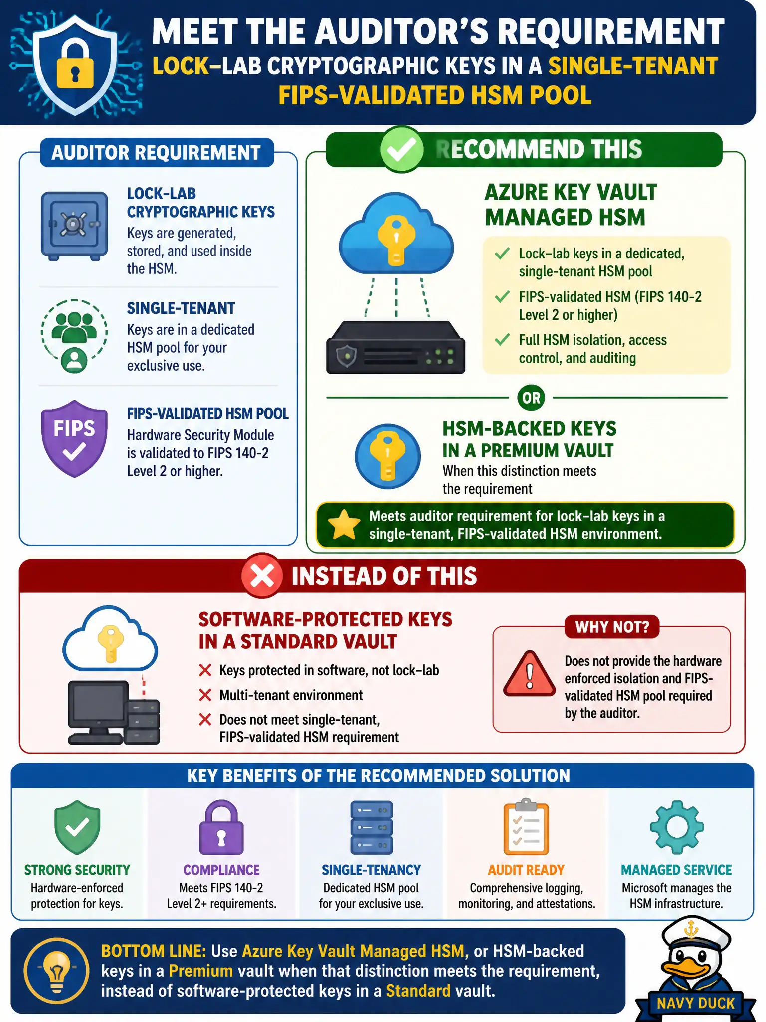 To Create an exciting colorful infographic that explains the concepts in the question: Question: An auditor requires lock-lab cryptographic keys in a single-tenant FIPS-validated HSM pool rather than a multi-tenant software-protected key. What should the security engineer recommend? Correct Answer: Azure Key Vault Managed HSM, or HSM-backed keys in a Premium vault when that distinction meets the requirement, instead of software-protected keys in a Standard vault. Put EVERY visible label in double quotes. No people. No A/B/C/D letters. In one of the four corners put a little "Navy Duck".