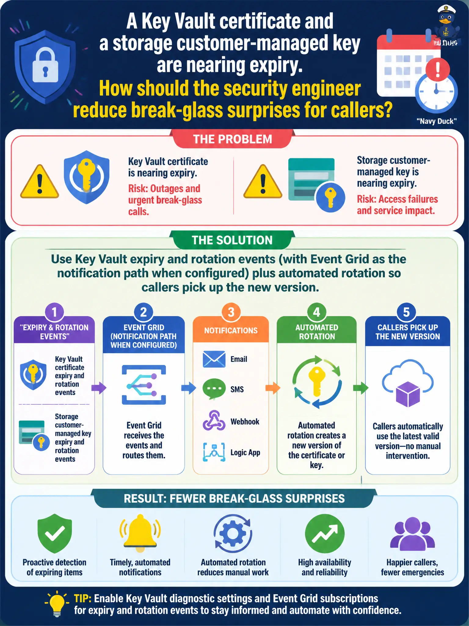 To Create an exciting colorful infographic that explains the concepts in the question: Question: A Key Vault certificate and a storage customer-managed key are nearing expiry. How should the security engineer reduce break-glass surprises for callers? Correct Answer: Use Key Vault expiry and rotation events (with Event Grid as the notification path when configured) plus automated rotation so callers pick up the new version. Put EVERY visible label in double quotes. No people. No A/B/C/D letters. In one of the four corners put a little "Navy Duck".