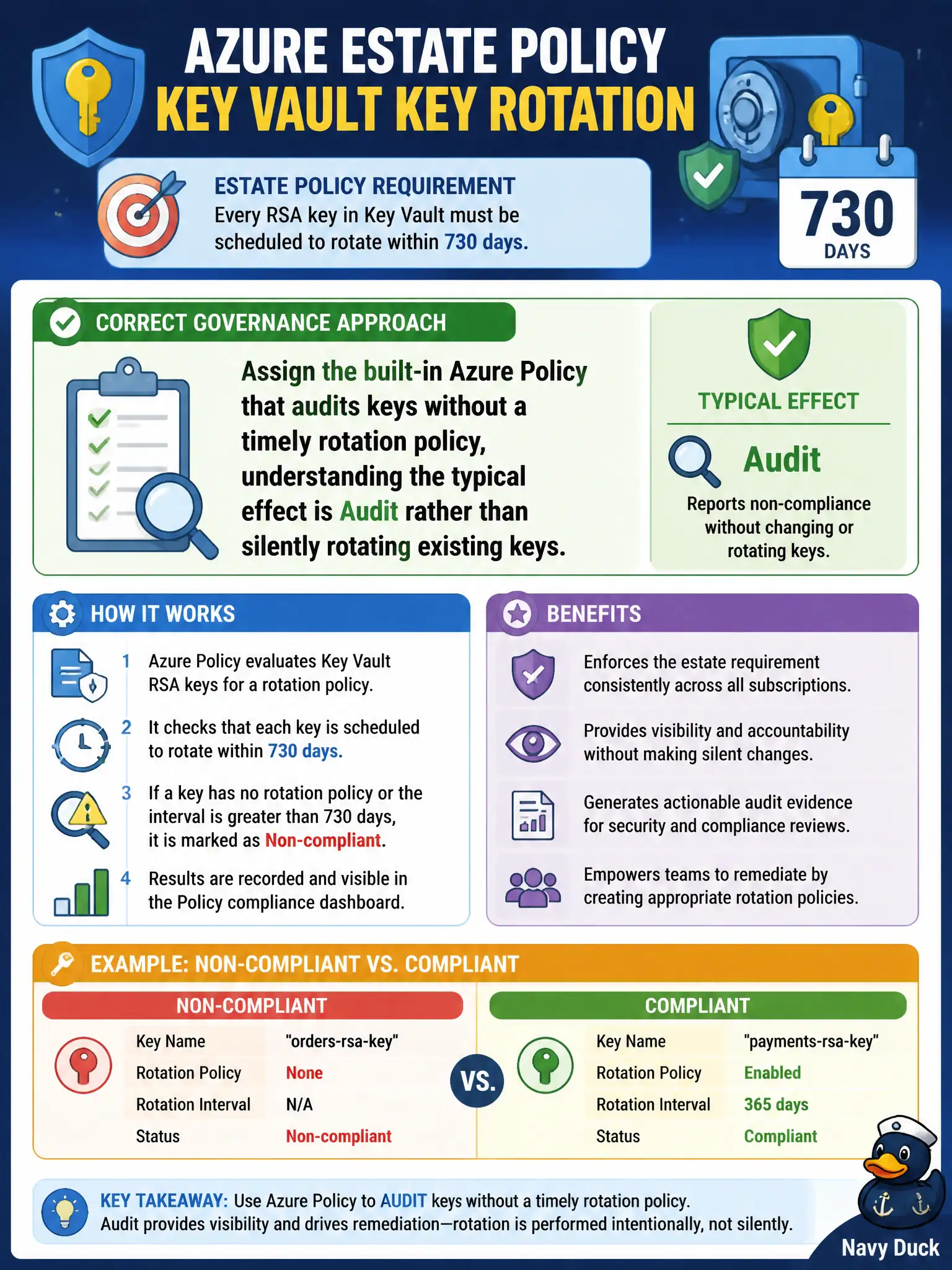 To Create an exciting colorful infographic that explains the concepts in the question: Question: Estate policy requires every RSA key in Key Vault to be scheduled to rotate within 730 days. Which governance approach should the security engineer use? Correct Answer: Assign the built-in Azure Policy that audits keys without a timely rotation policy, understanding the typical effect is Audit rather than silently rotating existing keys. Put EVERY visible label in double quotes. No people. No A/B/C/D letters. In one of the four corners put a little "Navy Duck".