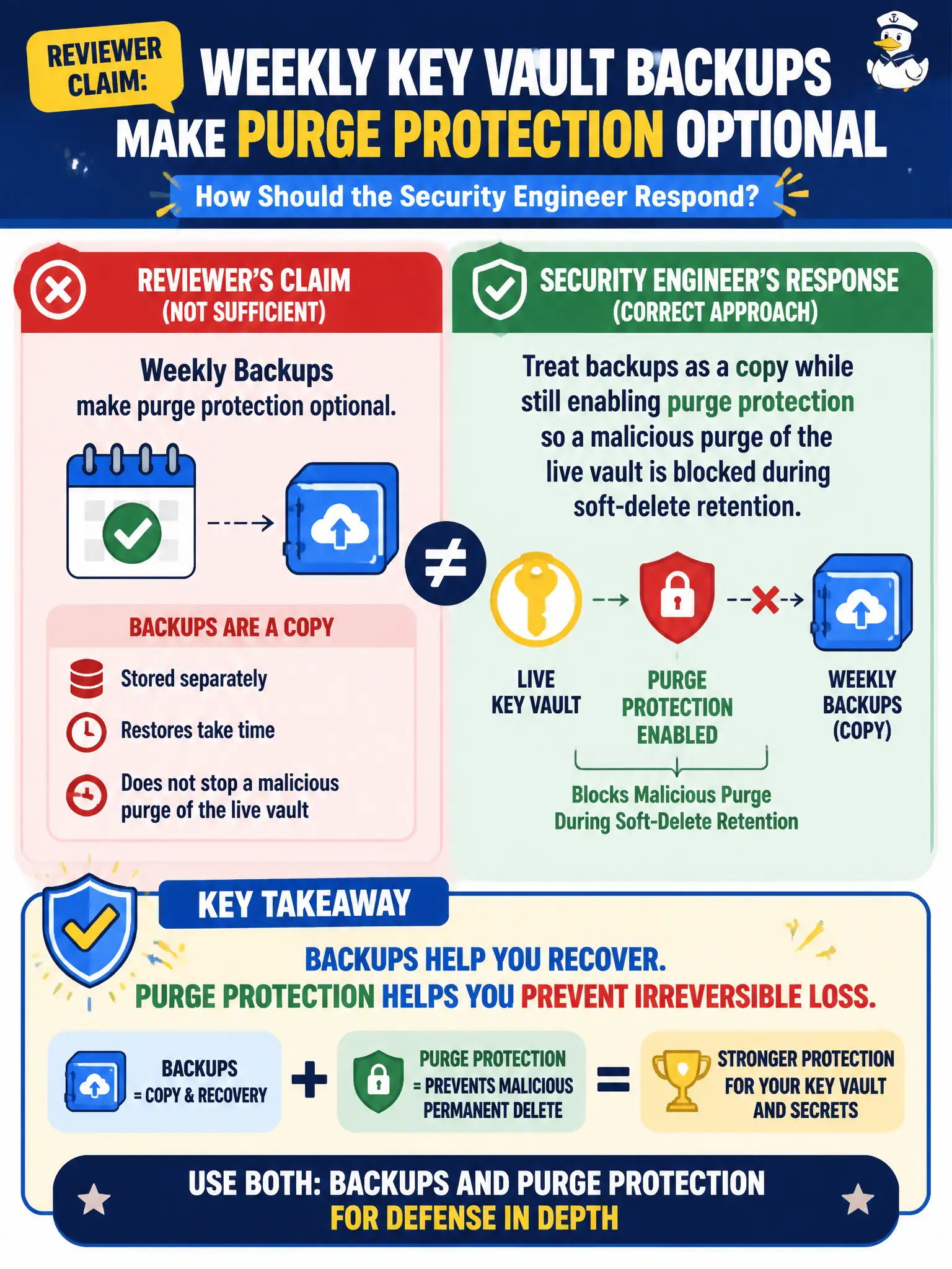 To Create an exciting colorful infographic that explains the concepts in the question: Question: A reviewer claims weekly Key Vault backups make purge protection optional for the lock-lab vault. How should the security engineer respond? Correct Answer: Treat backups as a copy while still enabling purge protection so a malicious purge of the live vault is blocked during soft-delete retention. Put EVERY visible label in double quotes. No people. No A/B/C/D letters. In one of the four corners put a little "Navy Duck".