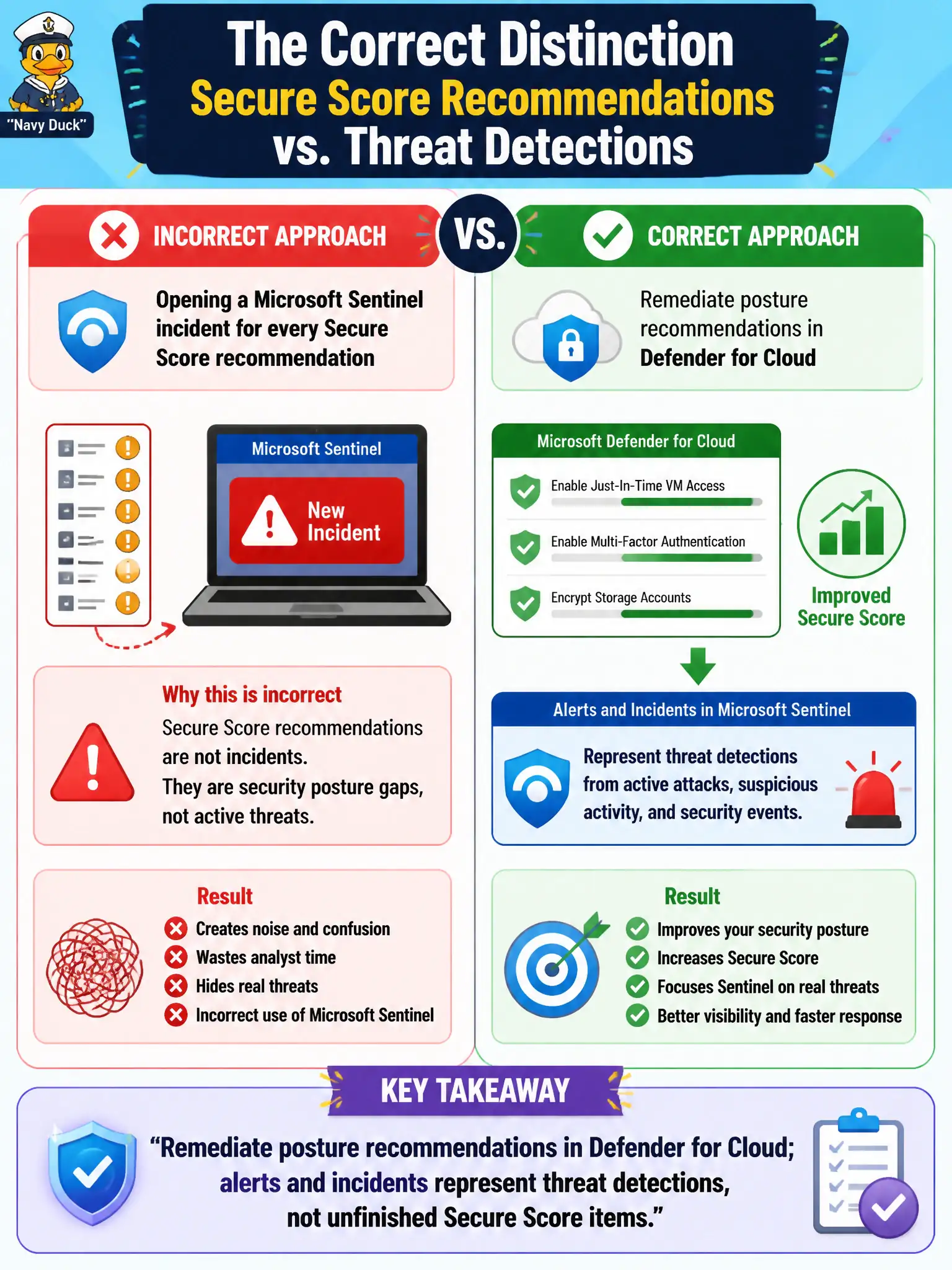 To Create an exciting colorful infographic that explains the concepts in the question: Question: An operator opens a Microsoft Sentinel incident for every Secure Score recommendation on the lock-lab subscription. What is the correct distinction? Correct Answer: Remediate posture recommendations in Defender for Cloud; alerts and incidents represent threat detections, not unfinished Secure Score items. Put EVERY visible label in double quotes. No people. No A/B/C/D letters. In one of the four corners put a little "Navy Duck".
