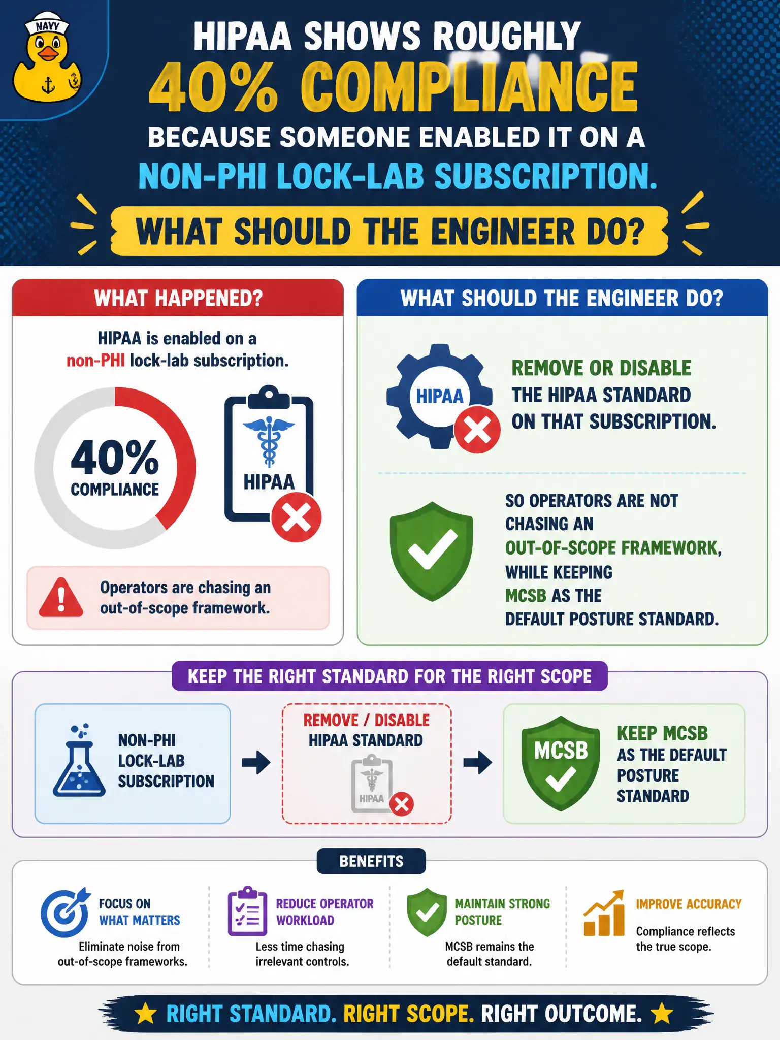To Create an exciting colorful infographic that explains the concepts in the question: Question: HIPAA shows roughly 40 percent compliance because someone enabled it on a non-PHI lock-lab subscription. What should the engineer do? Correct Answer: Remove or disable the HIPAA standard on that subscription so operators are not chasing an out-of-scope framework, while keeping MCSB as the default posture standard. Put EVERY visible label in double quotes. No people. No A/B/C/D letters. In one of the four corners put a little "Navy Duck".