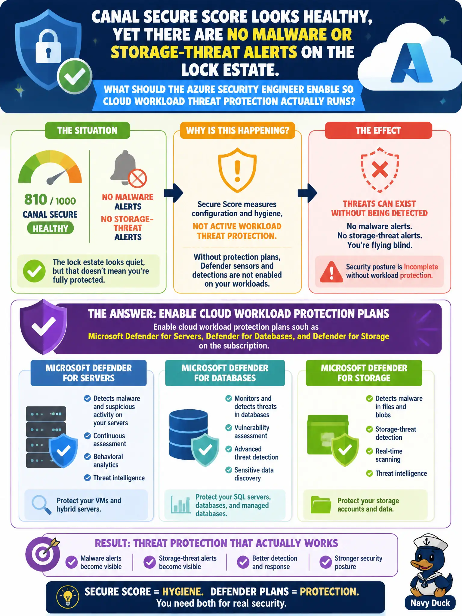 To Create an exciting colorful infographic that explains the concepts in the question: Question: Canal Secure Score looks healthy, yet there are no malware or storage-threat alerts on the lock estate. What should the Azure security engineer enable so cloud workload threat protection actually runs? Correct Answer: Enable cloud workload protection plans such as Microsoft Defender for Servers, Defender for Databases, and Defender for Storage on the subscription Put EVERY visible label in double quotes. No people. No A/B/C/D letters. In one of the four corners put a little "Navy Duck".