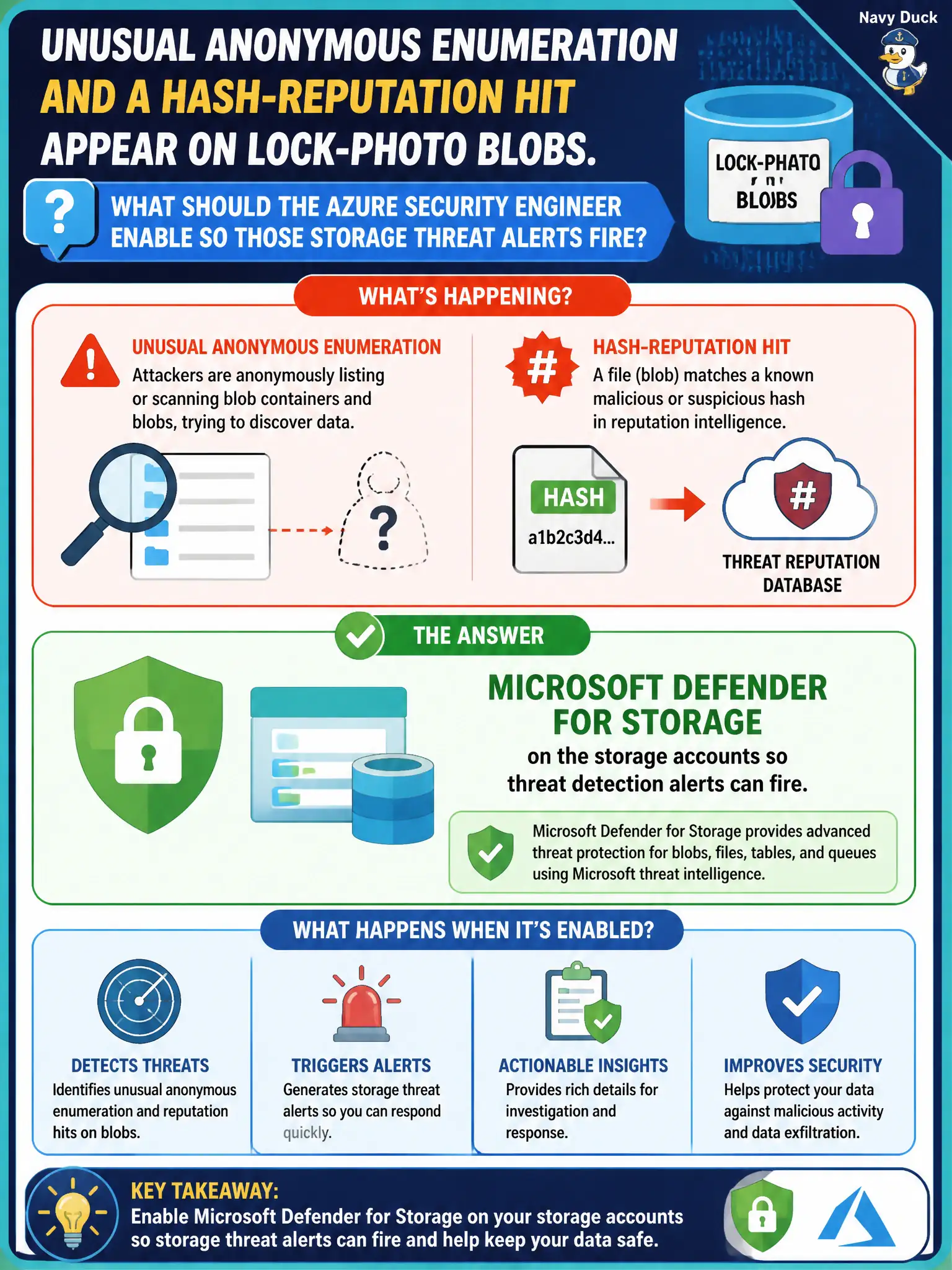 To Create an exciting colorful infographic that explains the concepts in the question: Question: Unusual anonymous enumeration and a hash-reputation hit appear on lock-photo blobs. What should the Azure security engineer enable so those storage threat alerts fire? Correct Answer: Microsoft Defender for Storage on the storage accounts so threat detection alerts can fire Put EVERY visible label in double quotes. No people. No A/B/C/D letters. In one of the four corners put a little "Navy Duck".
