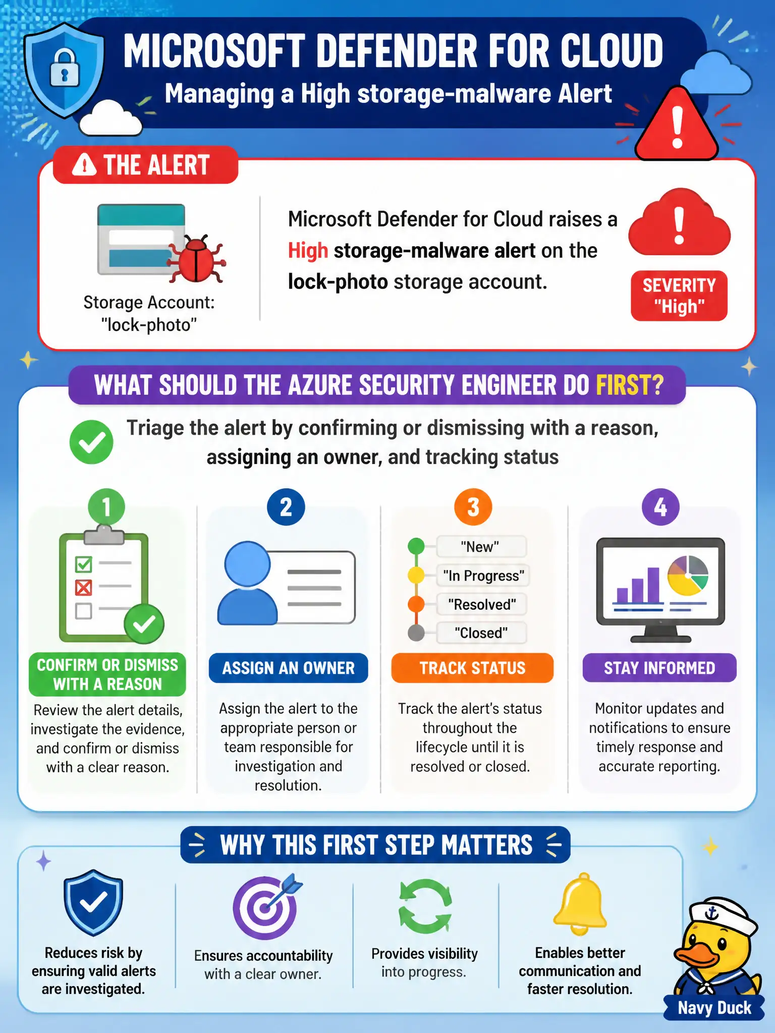To Create an exciting colorful infographic that explains the concepts in the question: Question: Microsoft Defender for Cloud raises a High storage-malware alert on the lock-photo storage account. What should the Azure security engineer do first as part of managing the alert? Correct Answer: Triage the alert by confirming or dismissing with a reason, assigning an owner, and tracking status Put EVERY visible label in double quotes. No people. No A/B/C/D letters. In one of the four corners put a little "Navy Duck".