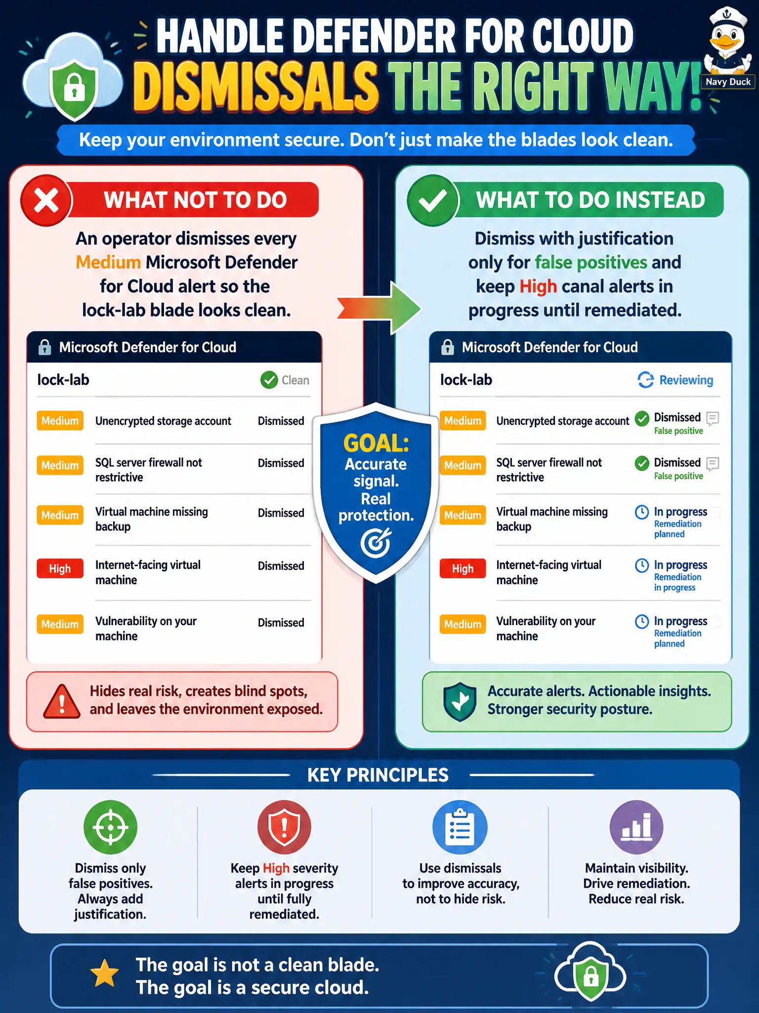 To Create an exciting colorful infographic that explains the concepts in the question: Question: An operator dismisses every Medium Microsoft Defender for Cloud alert so the lock-lab blade looks clean. How should the Azure security engineer handle dismissals instead? Correct Answer: Dismiss with justification only for false positives and keep High canal alerts in progress until remediated Put EVERY visible label in double quotes. No people. No A/B/C/D letters. In one of the four corners put a little "Navy Duck".