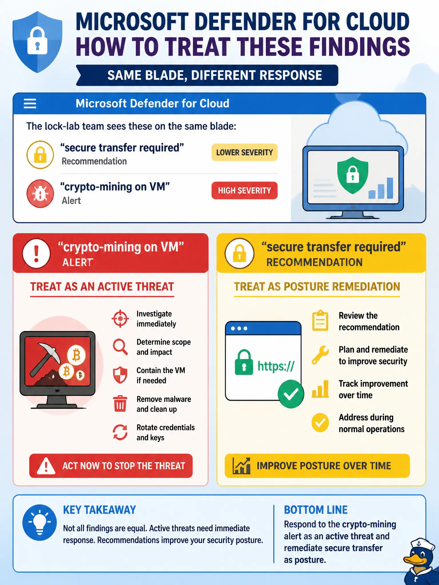 To Create an exciting colorful infographic that explains the concepts in the question: Question: On the same Microsoft Defender for Cloud blade, the lock-lab team sees a “secure transfer required” recommendation and a “crypto-mining on VM” alert. How should the Azure security engineer treat them? Correct Answer: Respond to the crypto-mining alert as an active threat and remediate secure transfer as posture Put EVERY visible label in double quotes. No people. No A/B/C/D letters. In one of the four corners put a little "Navy Duck".