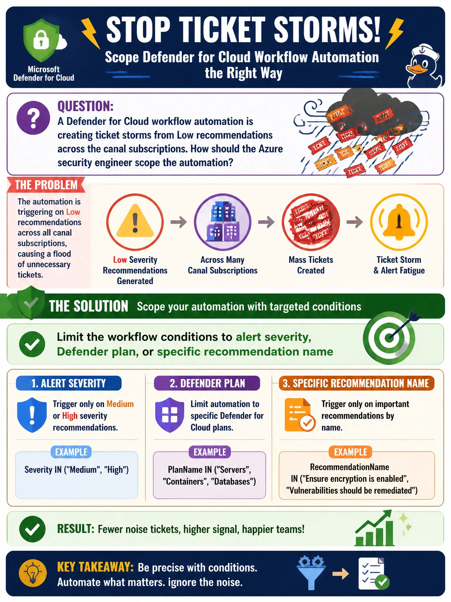 To Create an exciting colorful infographic that explains the concepts in the question: Question: A Defender for Cloud workflow automation is creating ticket storms from Low recommendations across the canal subscriptions. How should the Azure security engineer scope the automation? Correct Answer: Limit the workflow conditions to alert severity, Defender plan, or specific recommendation name Put EVERY visible label in double quotes. No people. No A/B/C/D letters. In one of the four corners put a little "Navy Duck".