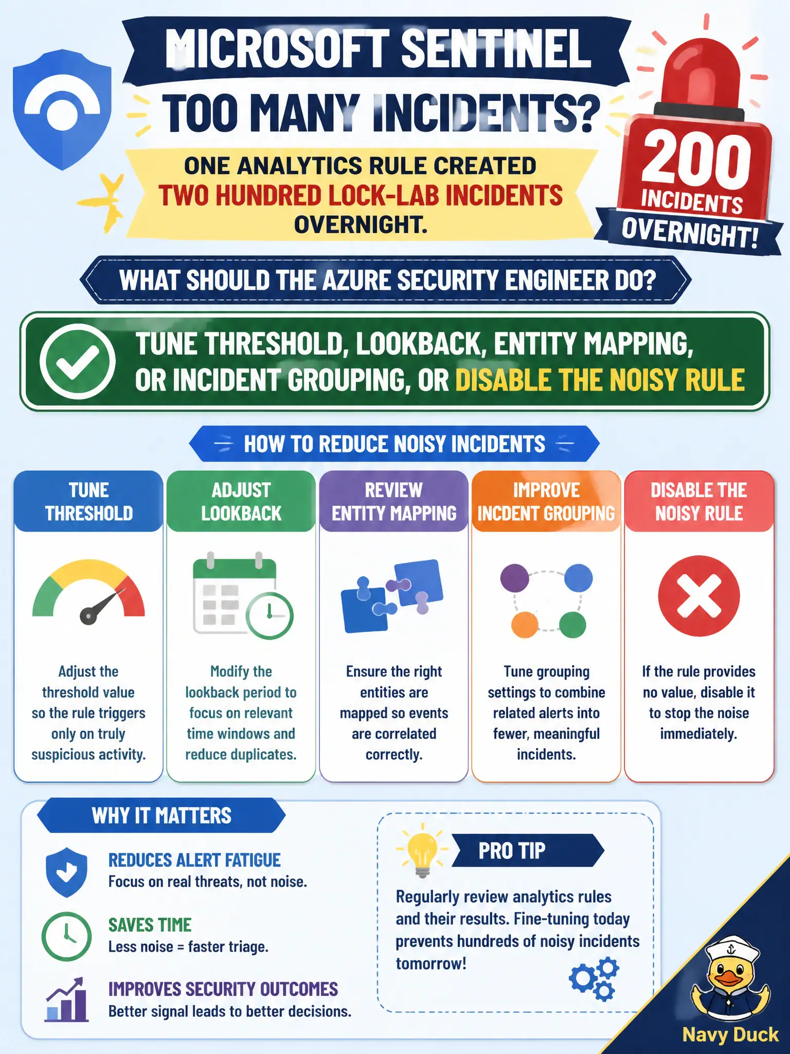 To Create an exciting colorful infographic that explains the concepts in the question: Question: One Microsoft Sentinel analytics rule created two hundred lock-lab incidents overnight. What should the Azure security engineer do? Correct Answer: Tune threshold, lookback, entity mapping, or incident grouping, or disable the noisy rule Put EVERY visible label in double quotes. No people. No A/B/C/D letters. In one of the four corners put a little "Navy Duck".