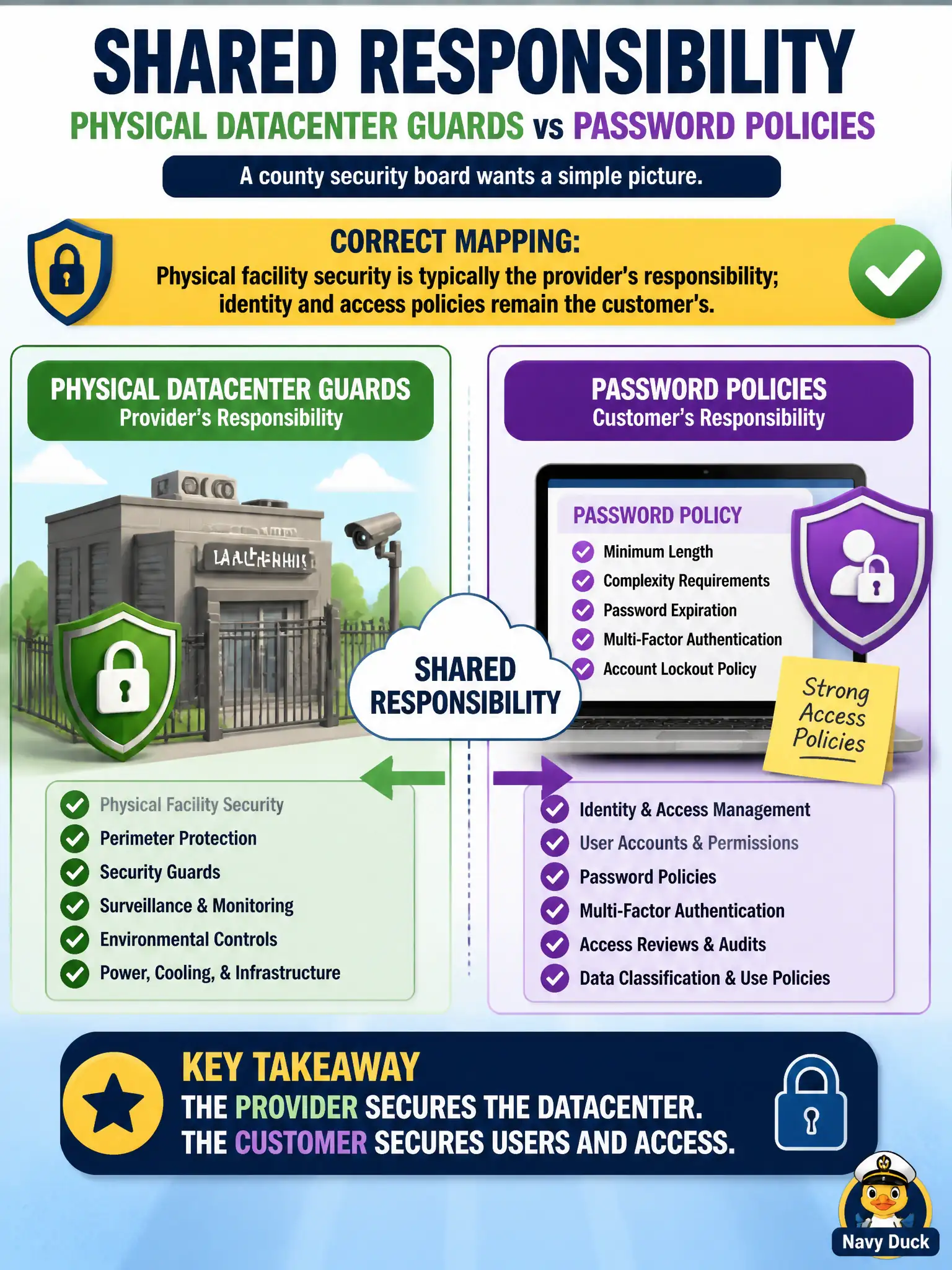 To Create an exciting colorful infographic that explains the concepts in the question: Question: A county security board wants a simple picture of physical datacenter guards versus password policies under shared responsibility. Which mapping is correct? Correct Answer: Physical facility security is typically the provider's responsibility; identity and access policies remain the customer's. Put EVERY visible label in double quotes. No people. No A/B/C/D letters. In one of the four corners put a little "Navy Duck".