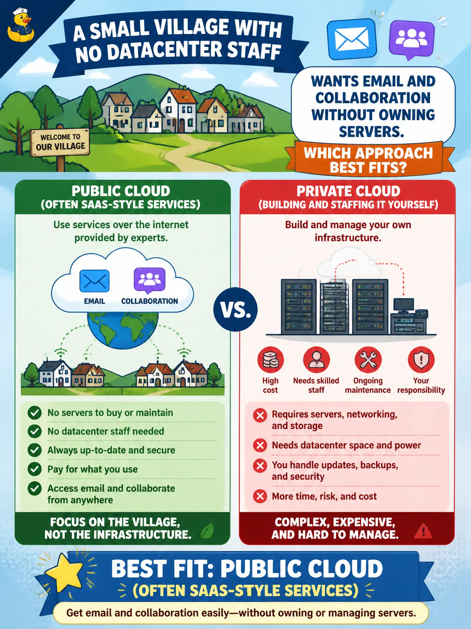 To Create an exciting colorful infographic that explains the concepts in the question: Question: A small village with no datacenter staff wants email and collaboration without owning servers. Which approach best fits? Correct Answer: Public cloud (often SaaS-style services)—not building and staffing a private cloud. Put EVERY visible label in double quotes. No people. No A/B/C/D letters. In one of the four corners put a little "Navy Duck".
