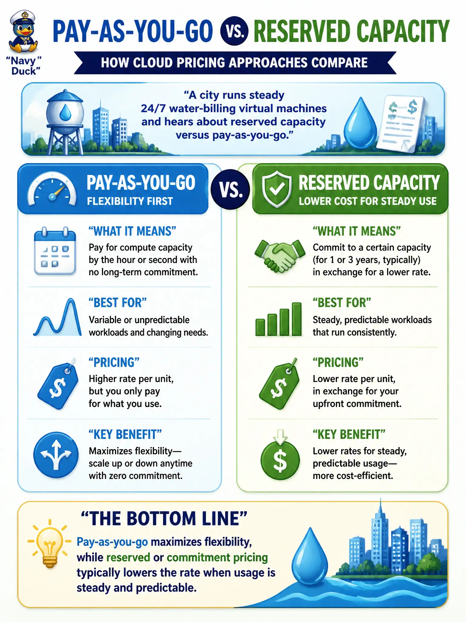 To Create an exciting colorful infographic that explains the concepts in the question: Question: A city runs steady 24/7 water-billing virtual machines and hears about reserved capacity versus pay-as-you-go. At a fundamentals level, how do those pricing approaches compare? Correct Answer: Pay-as-you-go maximizes flexibility, while reserved or commitment pricing typically lowers the rate when usage is steady and predictable. Put EVERY visible label in double quotes. No people. No A/B/C/D letters. In one of the four corners put a little "Navy Duck".