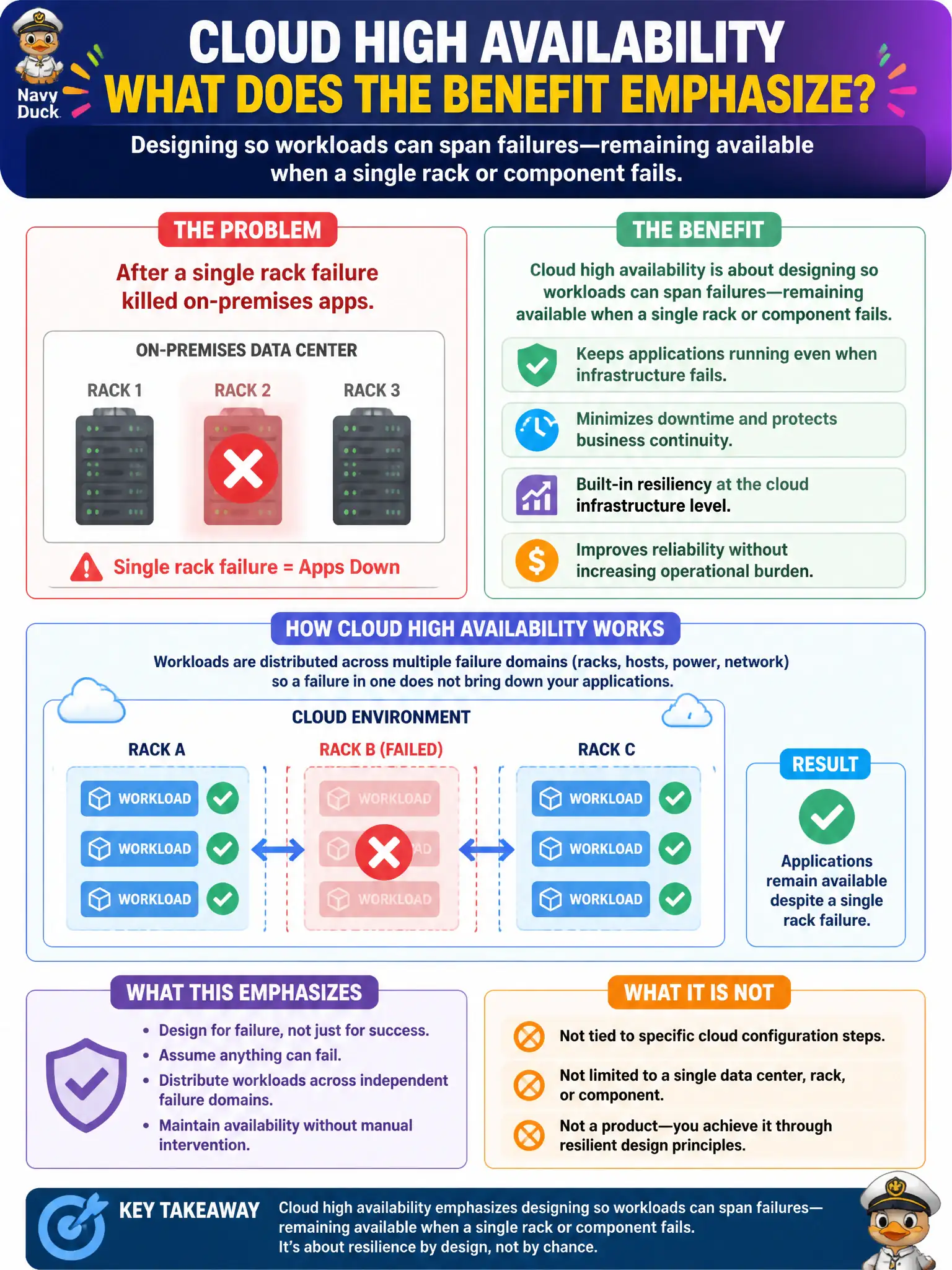 To Create an exciting colorful infographic that explains the concepts in the question: Question: After a single rack failure killed on-premises apps, staff want cloud high availability. At describe depth, what does that benefit emphasize? Correct Answer: Designing so workloads can span failures—remaining available when a single rack or component fails—without requiring AZ-104 configuration steps. Put EVERY visible label in double quotes. No people. No A/B/C/D letters. In one of the four corners put a little "Navy Duck".