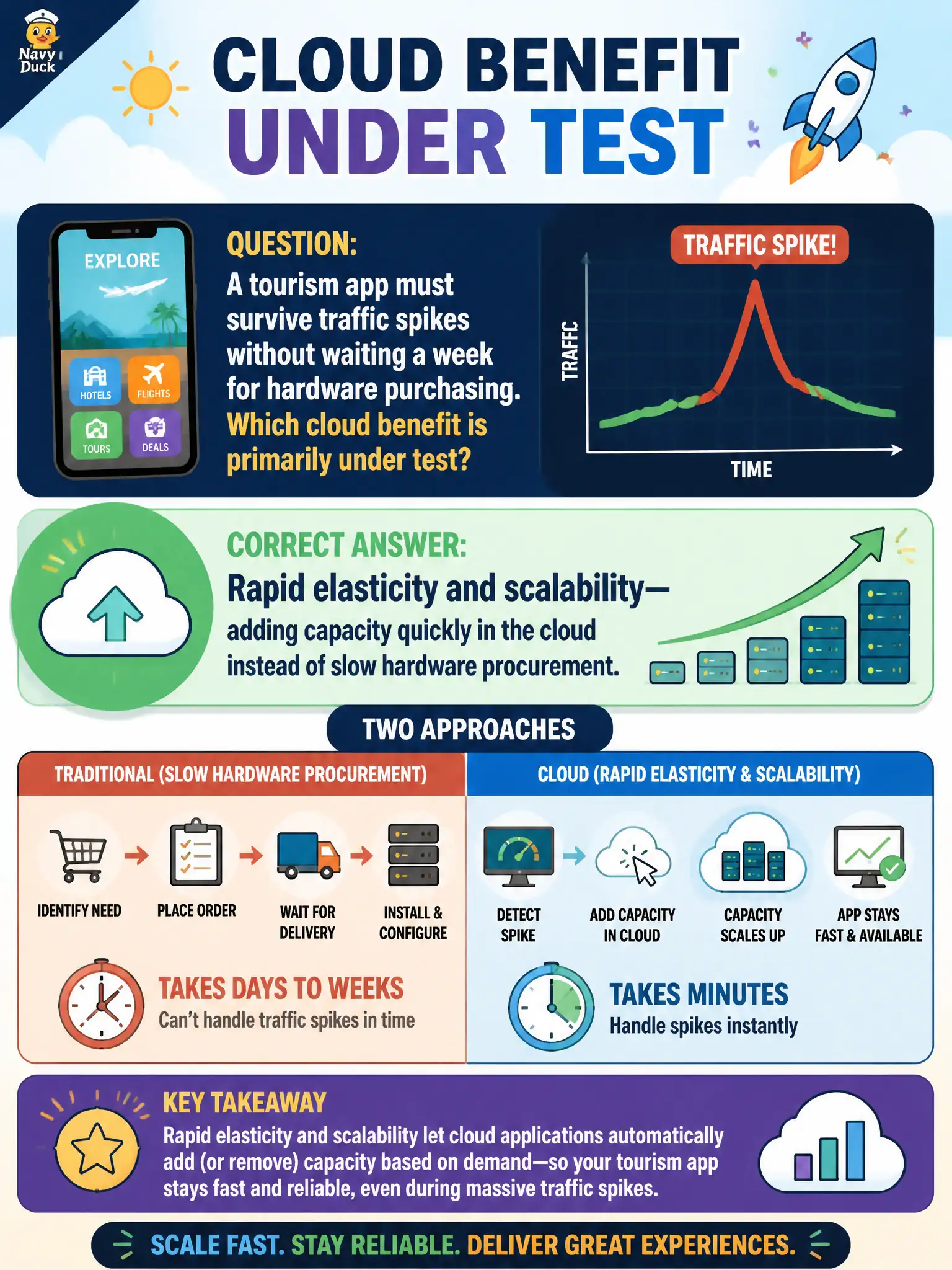 To Create an exciting colorful infographic that explains the concepts in the question: Question: A tourism app must survive traffic spikes without waiting a week for hardware purchasing. Which cloud benefit is primarily under test? Correct Answer: Rapid elasticity and scalability—adding capacity quickly in the cloud instead of slow hardware procurement. Put EVERY visible label in double quotes. No people. No A/B/C/D letters. In one of the four corners put a little "Navy Duck".