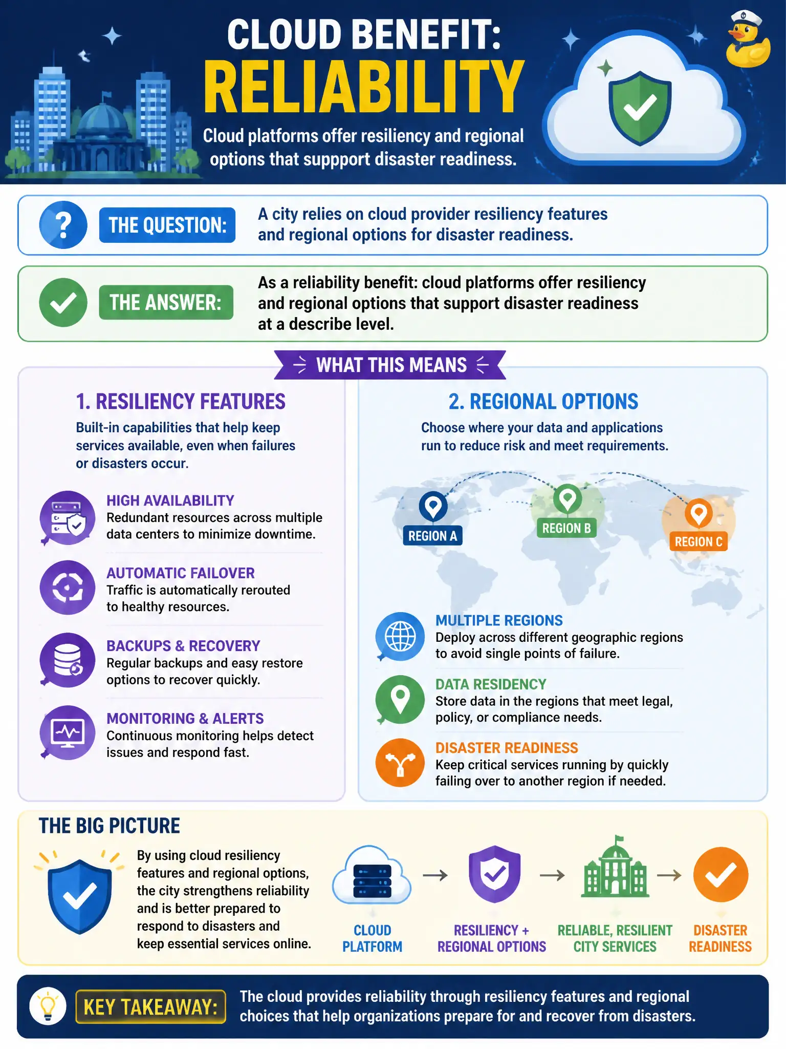 To Create an exciting colorful infographic that explains the concepts in the question: Question: A city relies on cloud provider resiliency features and regional options for disaster readiness. How should that be framed as a cloud benefit at fundamentals depth? Correct Answer: As a reliability benefit: cloud platforms offer resiliency and regional options that support disaster readiness at a describe level. Put EVERY visible label in double quotes. No people. No A/B/C/D letters. In one of the four corners put a little "Navy Duck".