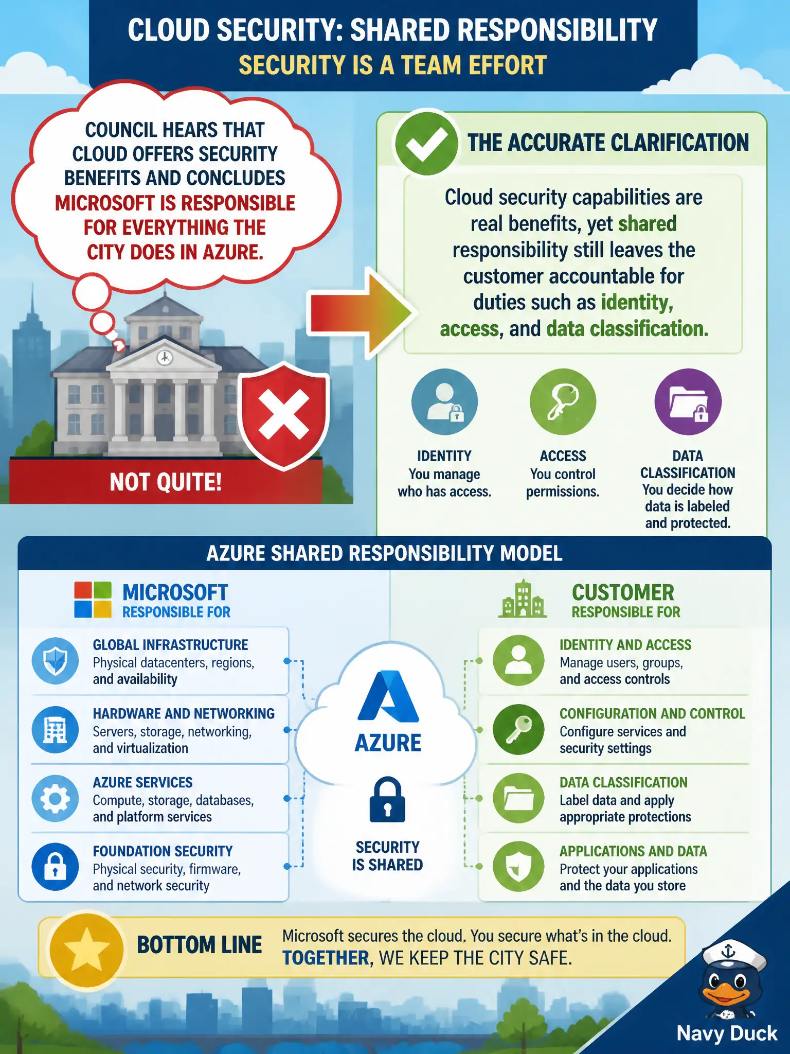 To Create an exciting colorful infographic that explains the concepts in the question: Question: Council hears that cloud offers security benefits and concludes Microsoft is responsible for everything the city does in Azure. Which clarification is accurate? Correct Answer: Cloud security capabilities are real benefits, yet shared responsibility still leaves the customer accountable for duties such as identity, access, and data classification Put EVERY visible label in double quotes. No people. No A/B/C/D letters. In one of the four corners put a little "Navy Duck".