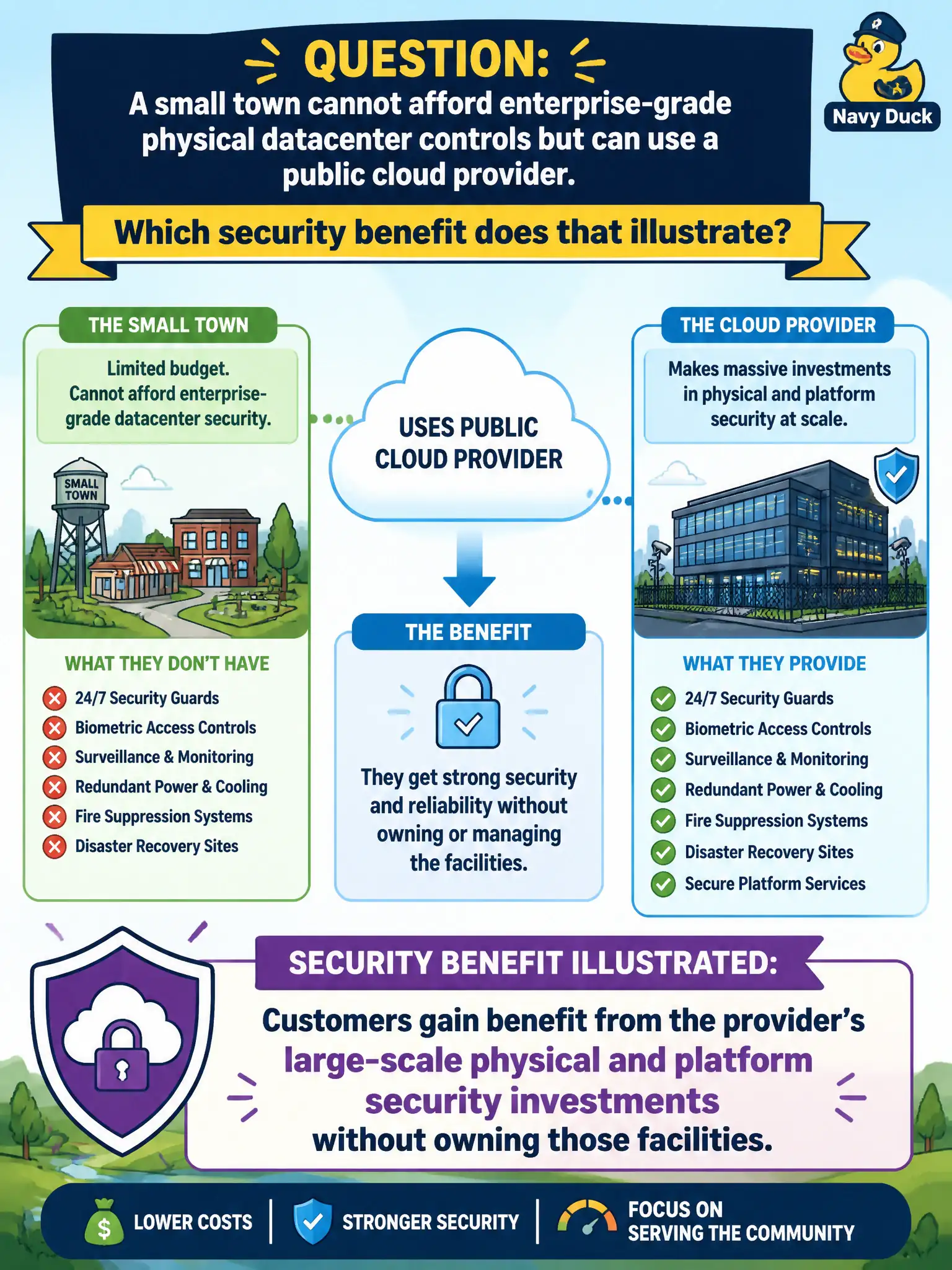 To Create an exciting colorful infographic that explains the concepts in the question: Question: A small town cannot afford enterprise-grade physical datacenter controls but can use a public cloud provider. Which security benefit does that illustrate? Correct Answer: Customers gain benefit from the provider’s large-scale physical and platform security investments without owning those facilities Put EVERY visible label in double quotes. No people. No A/B/C/D letters. In one of the four corners put a little "Navy Duck".