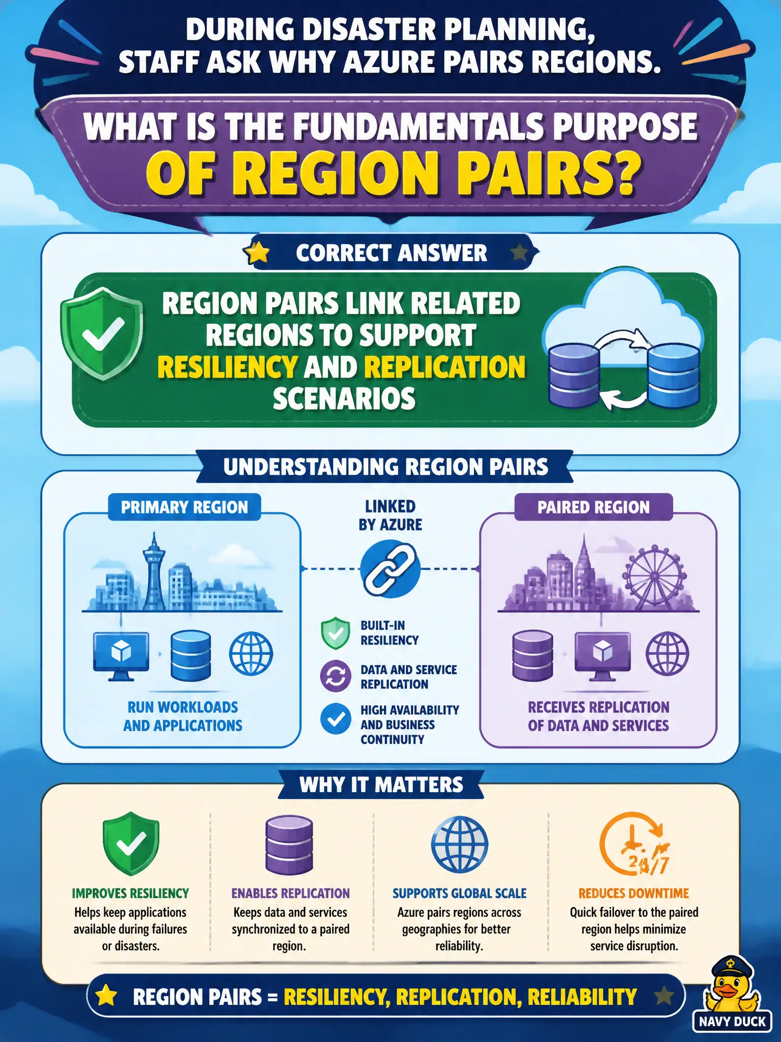 To Create an exciting colorful infographic that explains the concepts in the question: Question: During disaster planning, staff ask why Azure pairs regions. What is the fundamentals purpose of region pairs? Correct Answer: Region pairs link related regions to support resiliency and replication scenarios Put EVERY visible label in double quotes. No people. No A/B/C/D letters. In one of the four corners put a little "Navy Duck".