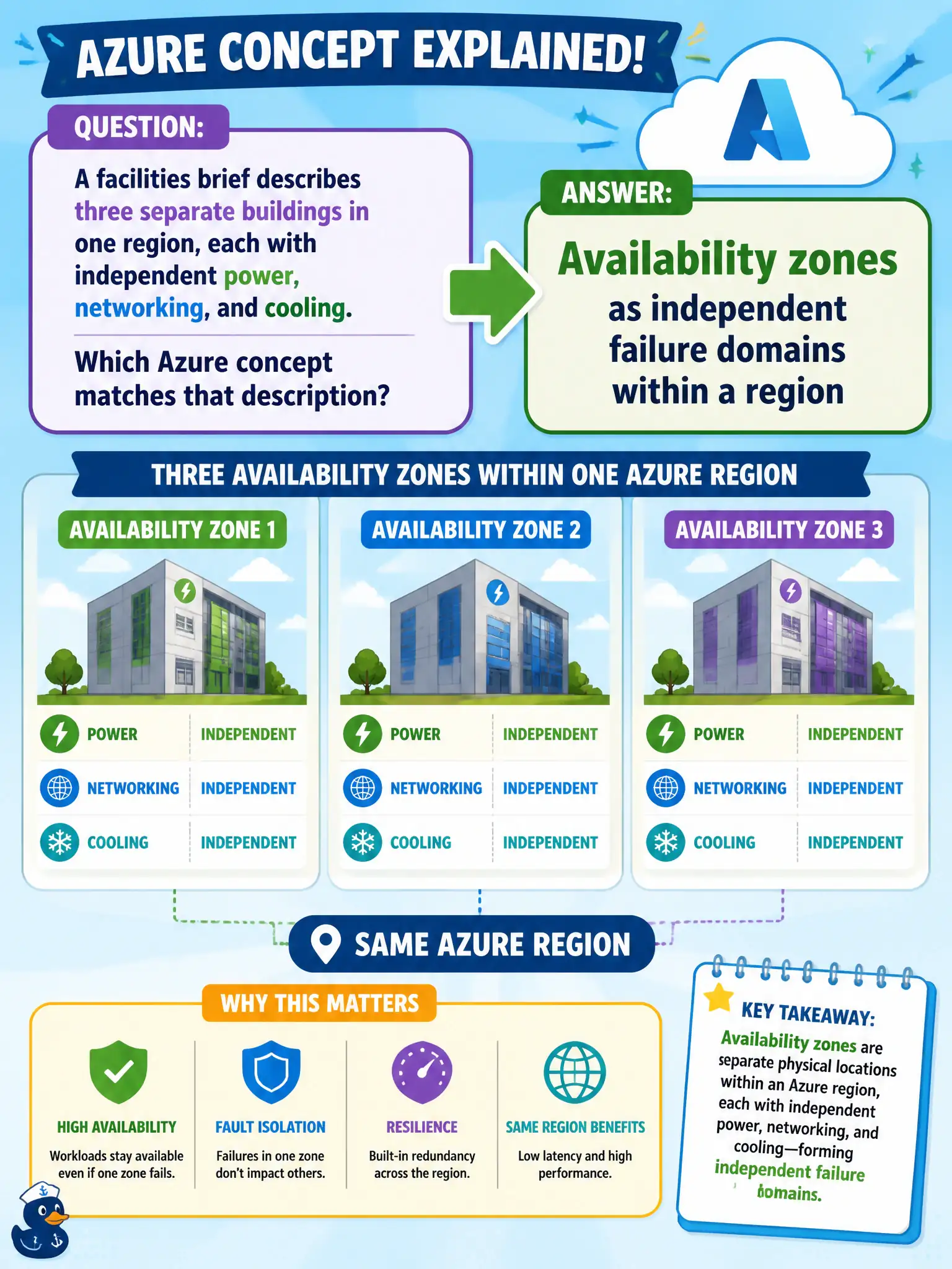 To Create an exciting colorful infographic that explains the concepts in the question: Question: A facilities brief describes three separate buildings in one region, each with independent power, networking, and cooling. Which Azure concept matches that description? Correct Answer: Availability zones as independent failure domains within a region Put EVERY visible label in double quotes. No people. No A/B/C/D letters. In one of the four corners put a little "Navy Duck".