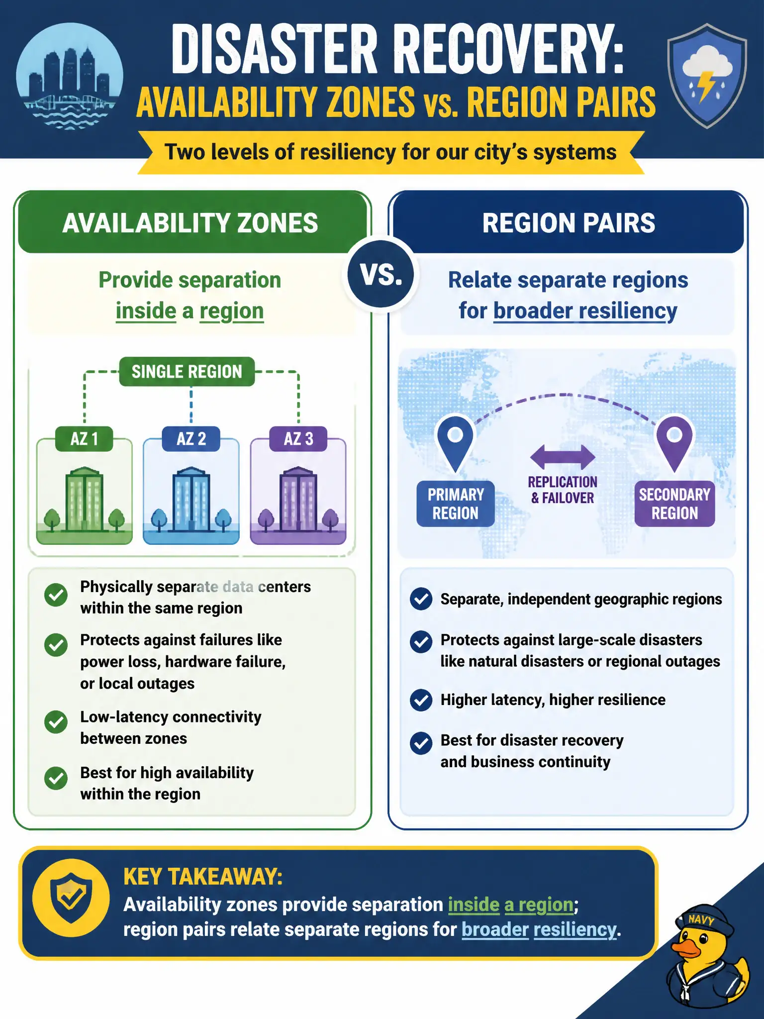 To Create an exciting colorful infographic that explains the concepts in the question: Question: On a municipal disaster-recovery slide, how should staff contrast availability zones with region pairs? Correct Answer: Availability zones provide separation inside a region; region pairs relate separate regions for broader resiliency Put EVERY visible label in double quotes. No people. No A/B/C/D letters. In one of the four corners put a little "Navy Duck".