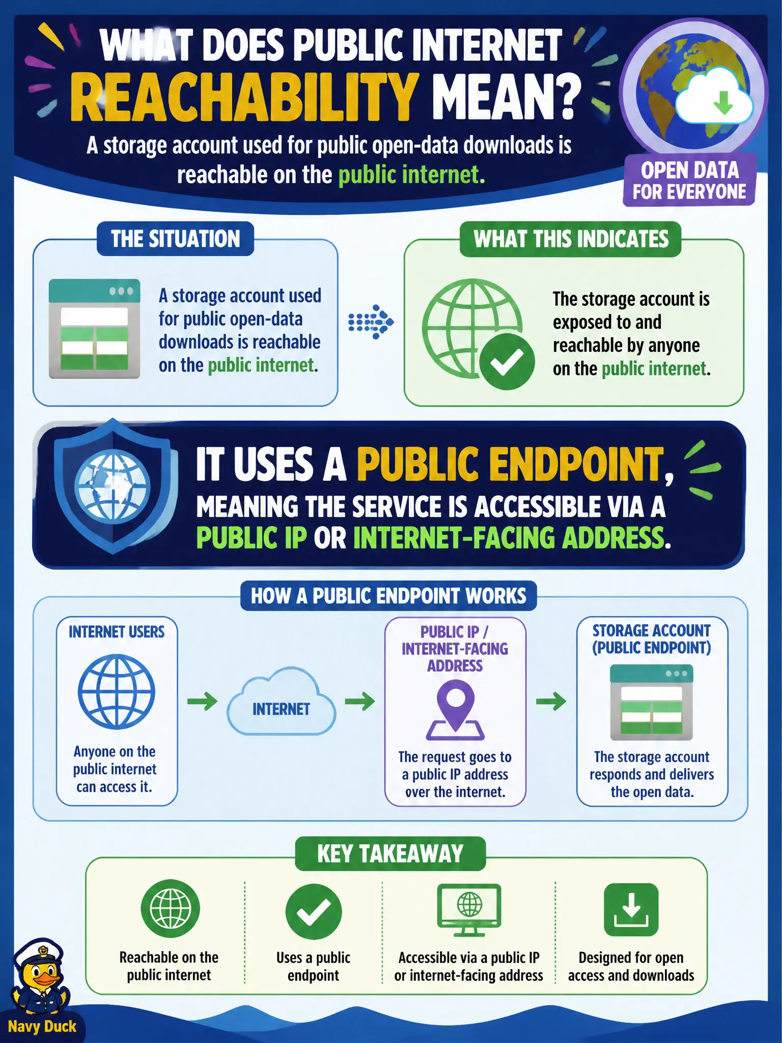 To Create an exciting colorful infographic that explains the concepts in the question: Question: A storage account used for public open-data downloads is reachable on the public internet. What does that reachability indicate about the endpoint type? Correct Answer: It uses a public endpoint, meaning the service is accessible via a public IP or internet-facing address. Put EVERY visible label in double quotes. No people. No A/B/C/D letters. In one of the four corners put a little "Navy Duck".