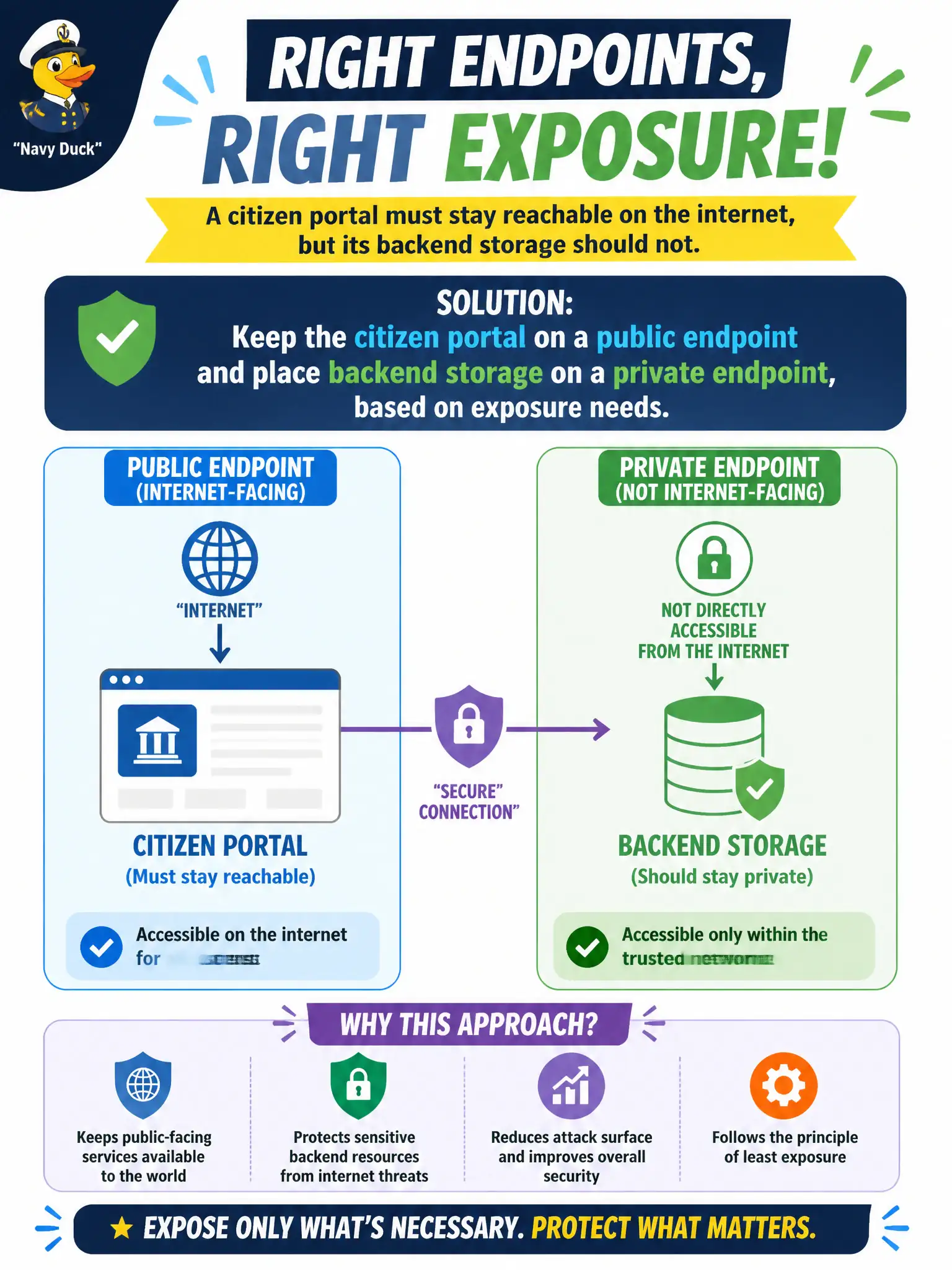 To Create an exciting colorful infographic that explains the concepts in the question: Question: A citizen portal must stay reachable on the internet, but its backend storage should not be. How should endpoint types be chosen for those two pieces? Correct Answer: Keep the citizen portal on a public endpoint and place backend storage on a private endpoint based on exposure needs. Put EVERY visible label in double quotes. No people. No A/B/C/D letters. In one of the four corners put a little "Navy Duck".