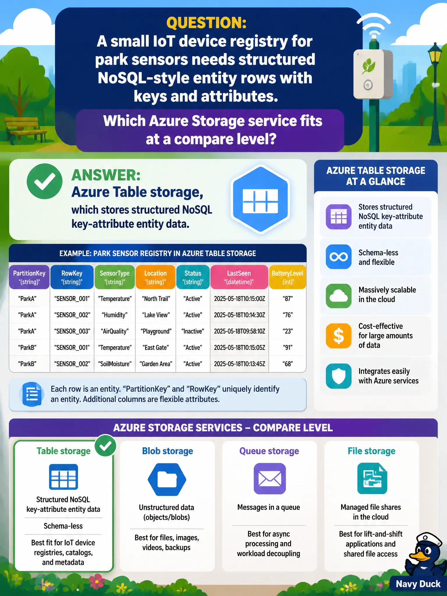 To Create an exciting colorful infographic that explains the concepts in the question: Question: A small IoT device registry for park sensors needs structured NoSQL-style entity rows with keys and attributes. Which Azure Storage service fits at a compare level? Correct Answer: Azure Table storage, which stores structured NoSQL key-attribute entity data. Put EVERY visible label in double quotes. No people. No A/B/C/D letters. In one of the four corners put a little "Navy Duck".
