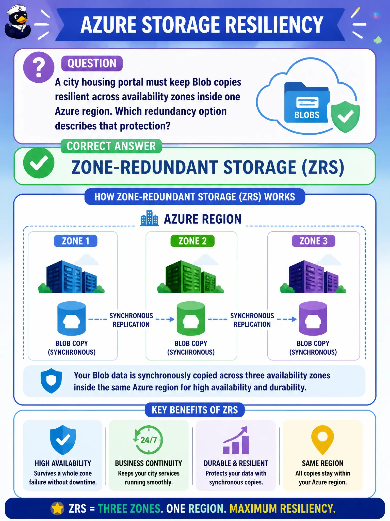 To Create an exciting colorful infographic that explains the concepts in the question: Question: A city housing portal must keep Blob copies resilient across availability zones inside one Azure region. Which redundancy option describes that protection? Correct Answer: Zone-redundant storage (ZRS) Put EVERY visible label in double quotes. No people. No A/B/C/D letters. In one of the four corners put a little "Navy Duck".