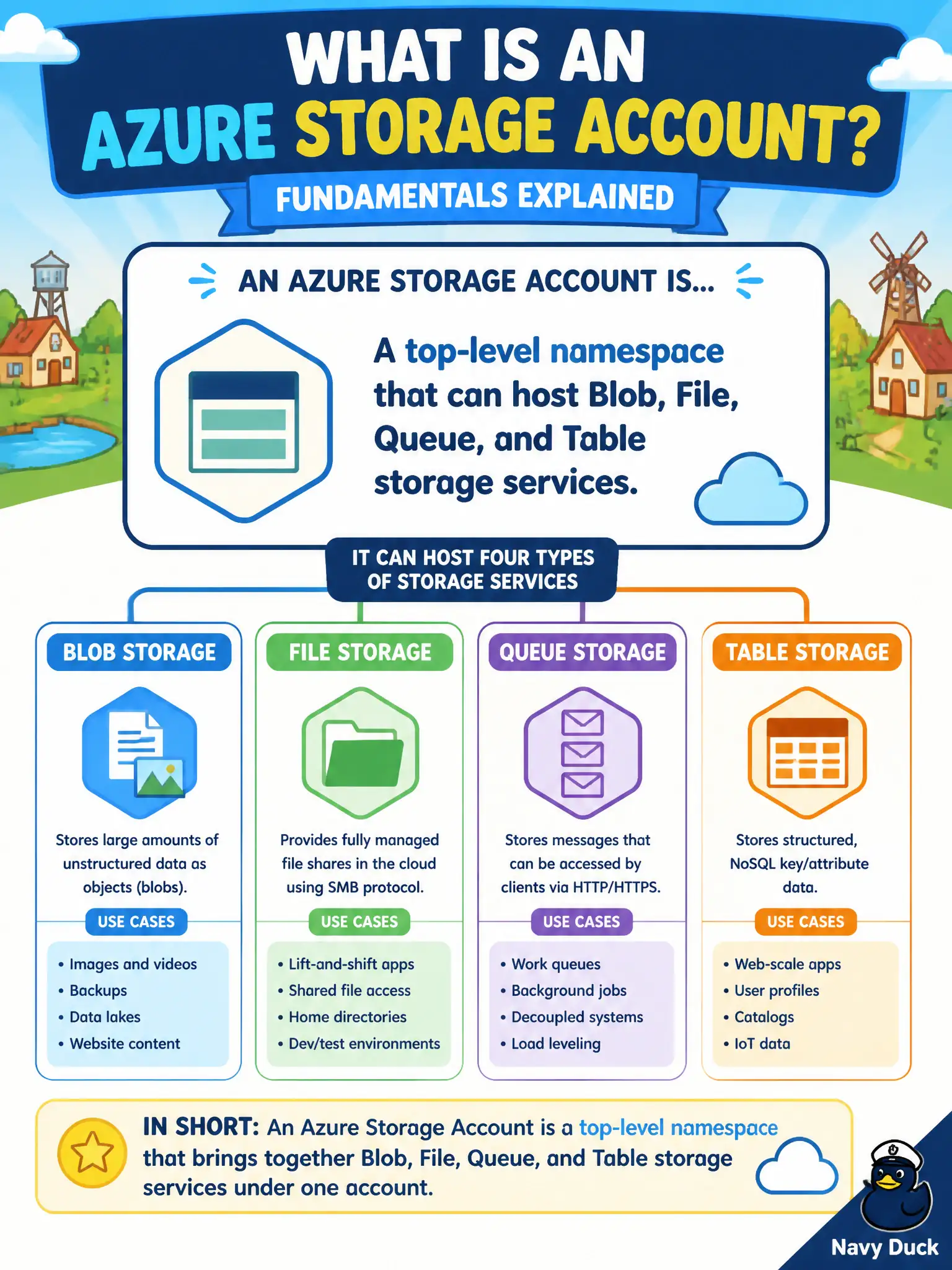 To Create an exciting colorful infographic that explains the concepts in the question: Question: A village CIO asks what an Azure storage account is in fundamentals terms. Which description is accurate? Correct Answer: A top-level namespace that can host Blob, File, Queue, and Table storage services Put EVERY visible label in double quotes. No people. No A/B/C/D letters. In one of the four corners put a little "Navy Duck".