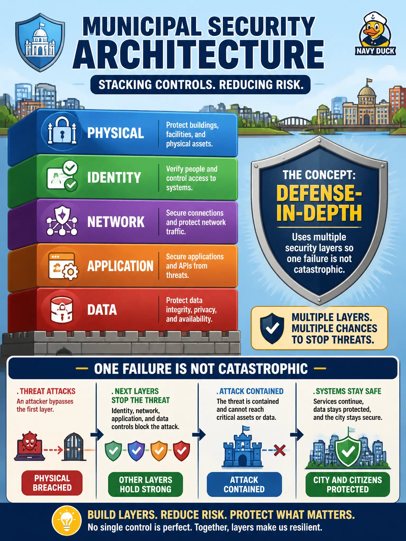 To Create an exciting colorful infographic that explains the concepts in the question: Question: A municipal security architecture stacks physical, identity, network, application, and data controls so one failure is not catastrophic. Which concept does that layered approach describe? Correct Answer: Defense-in-depth, which uses multiple security layers so one failure is not catastrophic. Put EVERY visible label in double quotes. No people. No A/B/C/D letters. In one of the four corners put a little "Navy Duck".