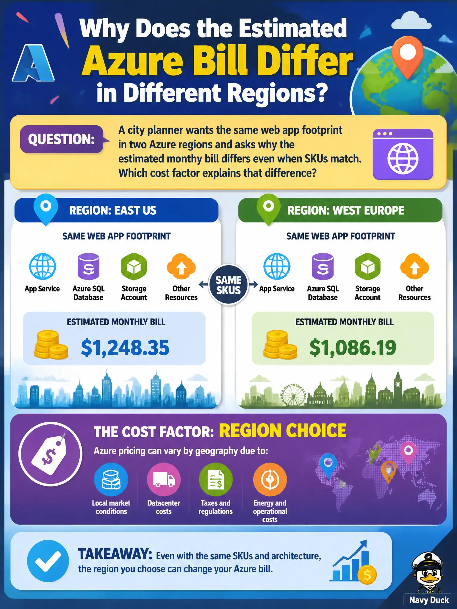 To Create an exciting colorful infographic that explains the concepts in the question: Question: A city planner wants the same web app footprint in two Azure regions and asks why the estimated monthly bill differs even when SKUs match. Which cost factor explains that difference? Correct Answer: Region choice, because Azure pricing can vary by geography Put EVERY visible label in double quotes. No people. No A/B/C/D letters. In one of the four corners put a little "Navy Duck".