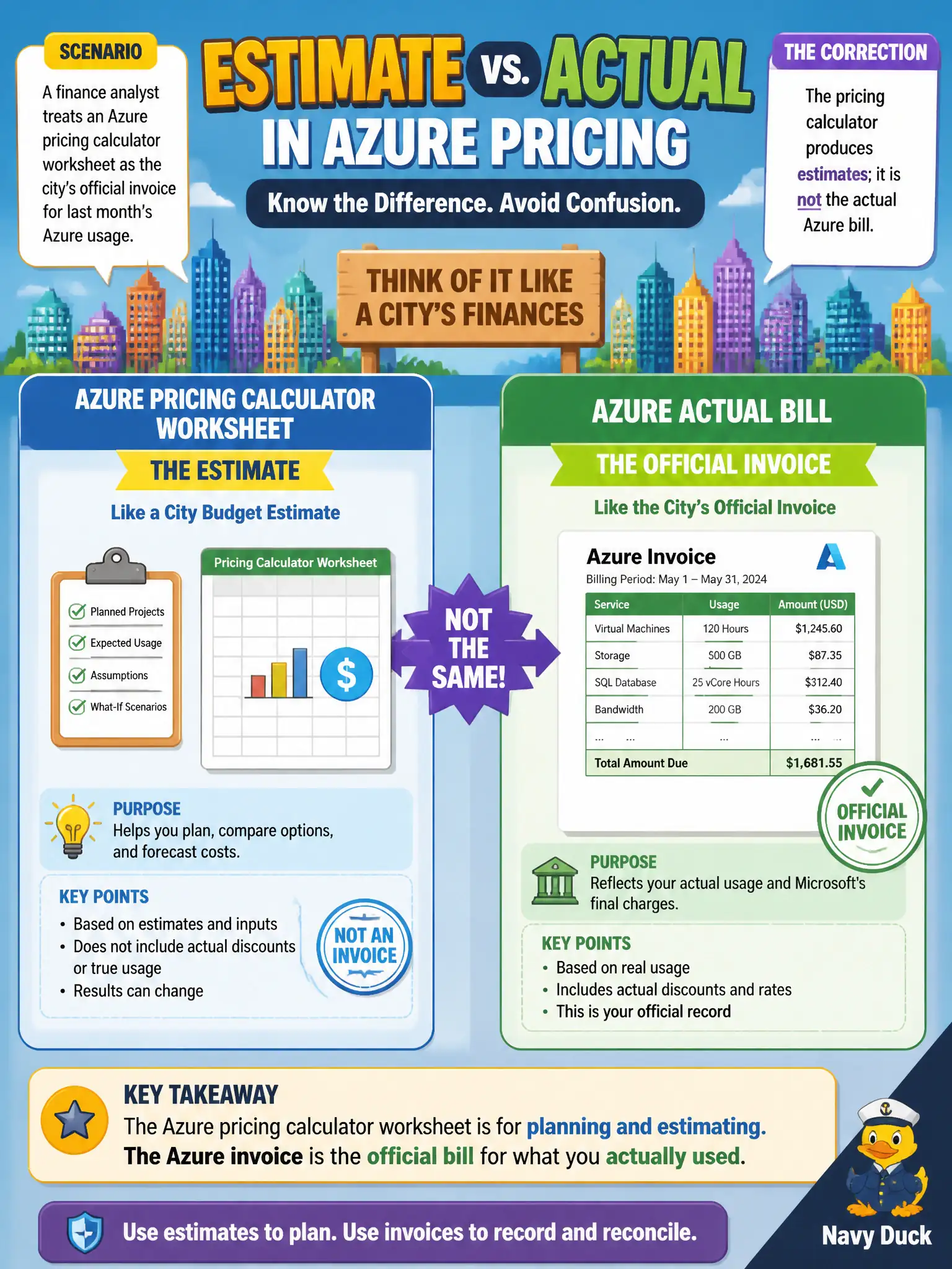 To Create an exciting colorful infographic that explains the concepts in the question: Question: A finance analyst treats an Azure pricing calculator worksheet as the city's official invoice for last month's Azure usage. What distinction should the cloud lead correct? Correct Answer: The pricing calculator produces estimates; it is not the actual Azure bill Put EVERY visible label in double quotes. No people. No A/B/C/D letters. In one of the four corners put a little "Navy Duck".