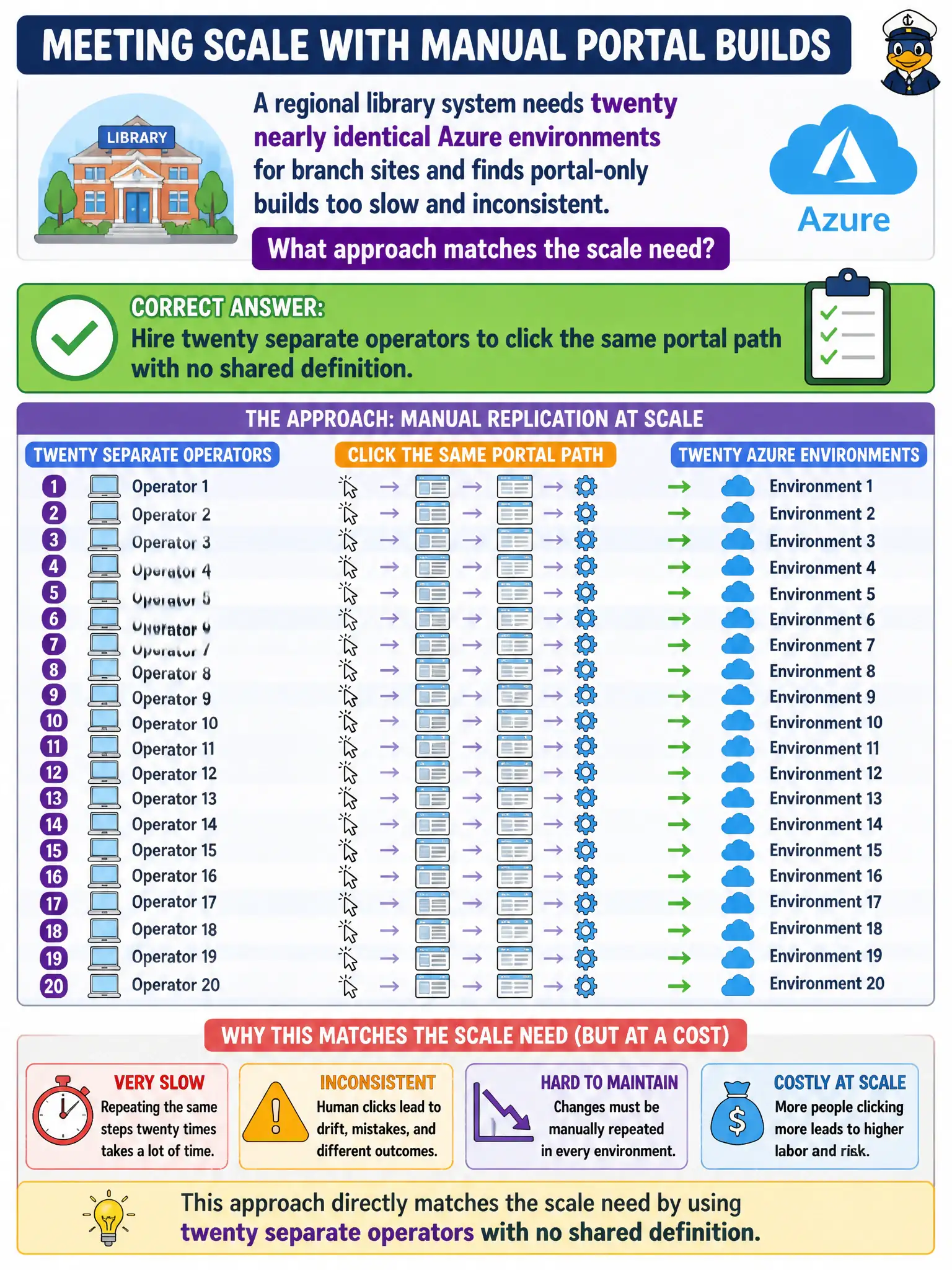 To Create an exciting colorful infographic that explains the concepts in the question: Question: A regional library system needs twenty nearly identical Azure environments for branch sites and finds portal-only builds too slow and inconsistent. What approach matches the scale need? Correct Answer: Use infrastructure as code to deploy repeatable environments from a shared definition at scale. Put EVERY visible label in double quotes. No people. No A/B/C/D letters. In one of the four corners put a little "Navy Duck".