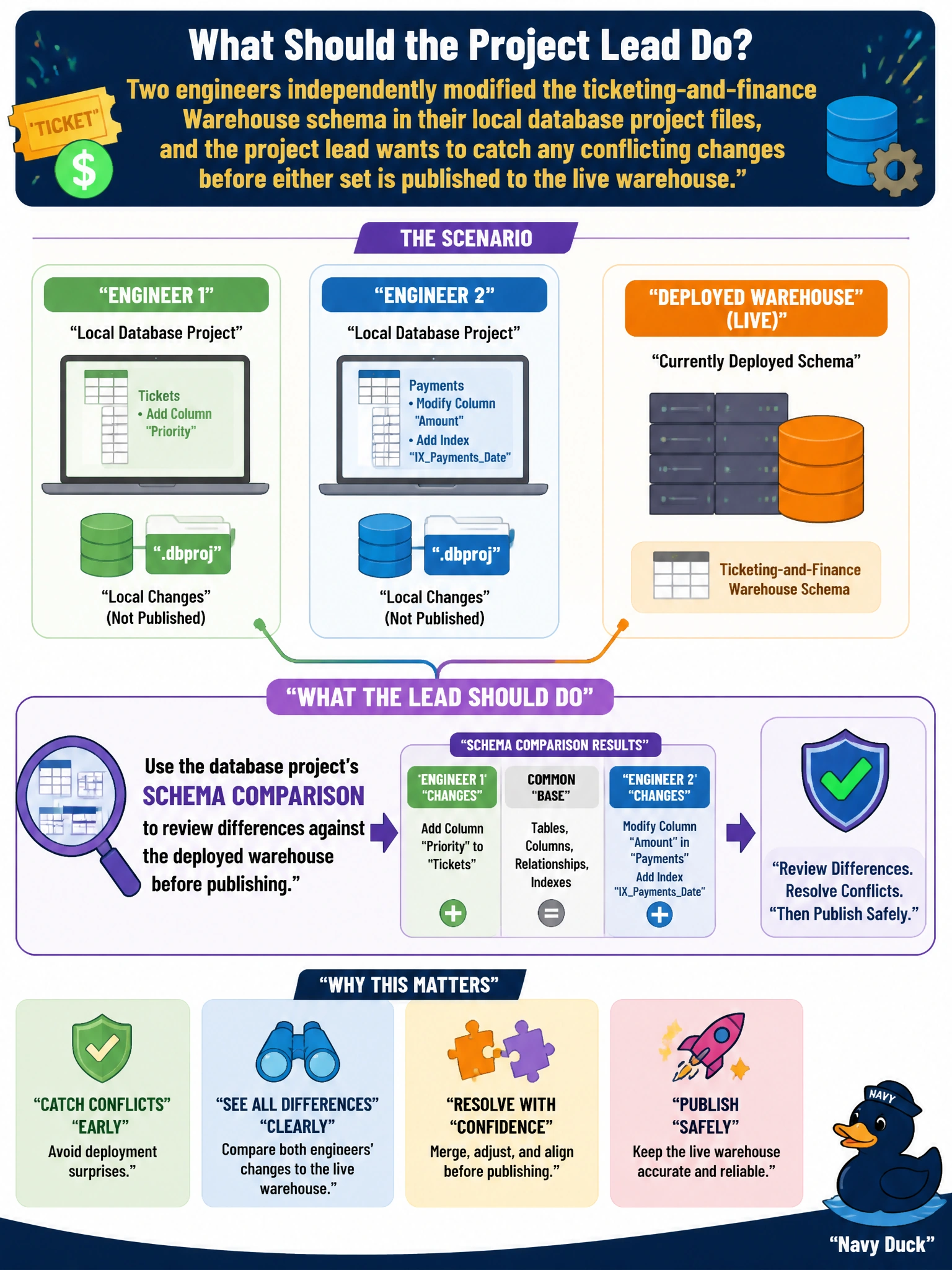 To Create an exciting colorful infographic that explains the concepts in the question: Question: Two engineers independently modified the ticketing-and-finance Warehouse schema in their local database project files, and the project lead wants to catch any conflicting changes before either set is published to the live warehouse. What should the lead do? Correct Answer: Use the database project's schema comparison to review differences against the deployed warehouse before publishing Put EVERY visible label in double quotes. No people. No A/B/C/D letters. In one of the four corners put a little "Navy Duck".