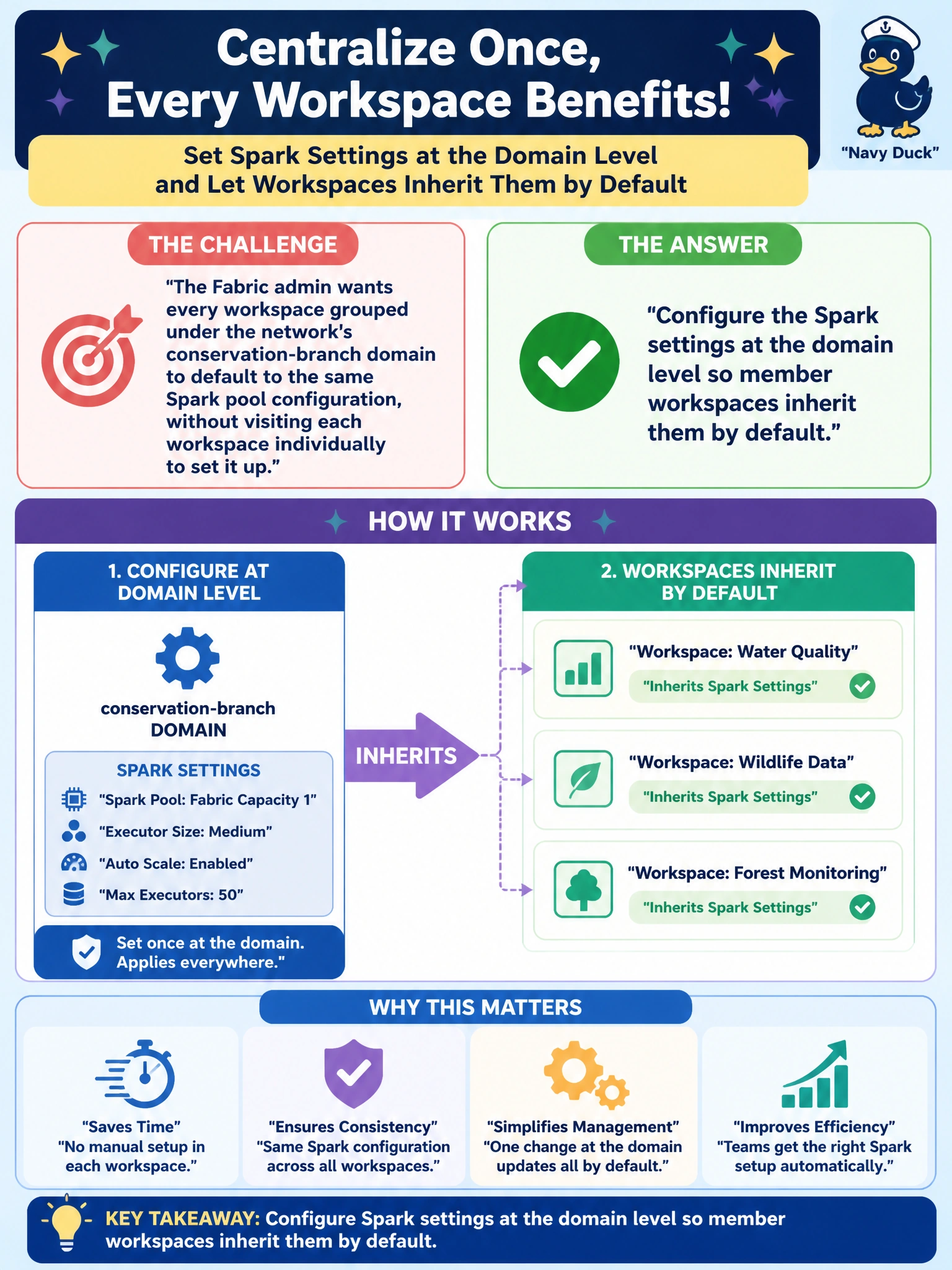 To Create an exciting colorful infographic that explains the concepts in the question: Question: The Fabric admin wants every workspace grouped under the network's conservation-branch domain to default to the same Spark pool configuration, without visiting each workspace individually to set it up. What should the admin configure? Correct Answer: Configure the Spark settings at the domain level so member workspaces inherit them by default Put EVERY visible label in double quotes. No people. No A/B/C/D letters. In one of the four corners put a little "Navy Duck".